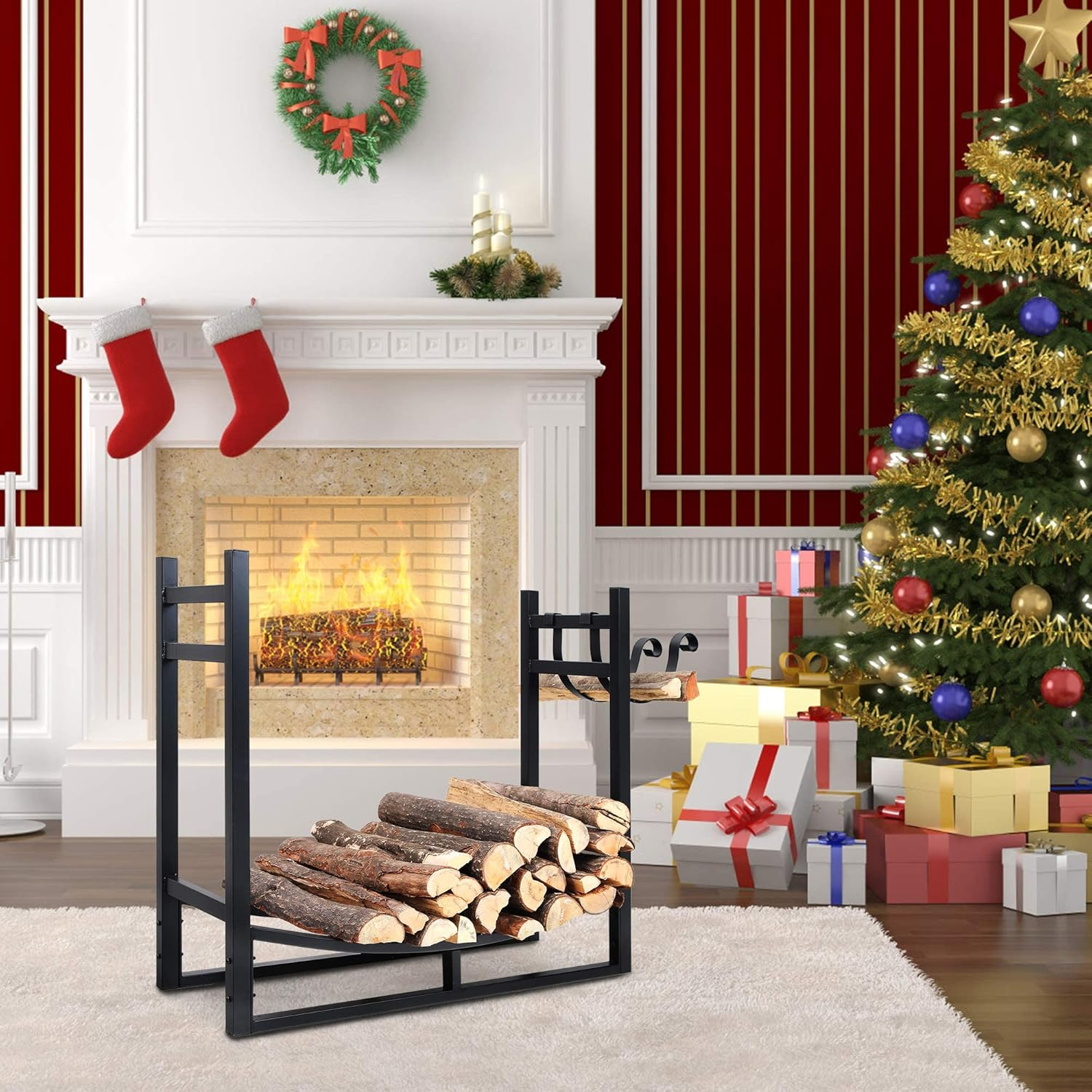 Heavy Duty Firewood Racks Indoor/Outdoor Log Rack with Kindling Holder, 30 Inches Tall, Black image number 6