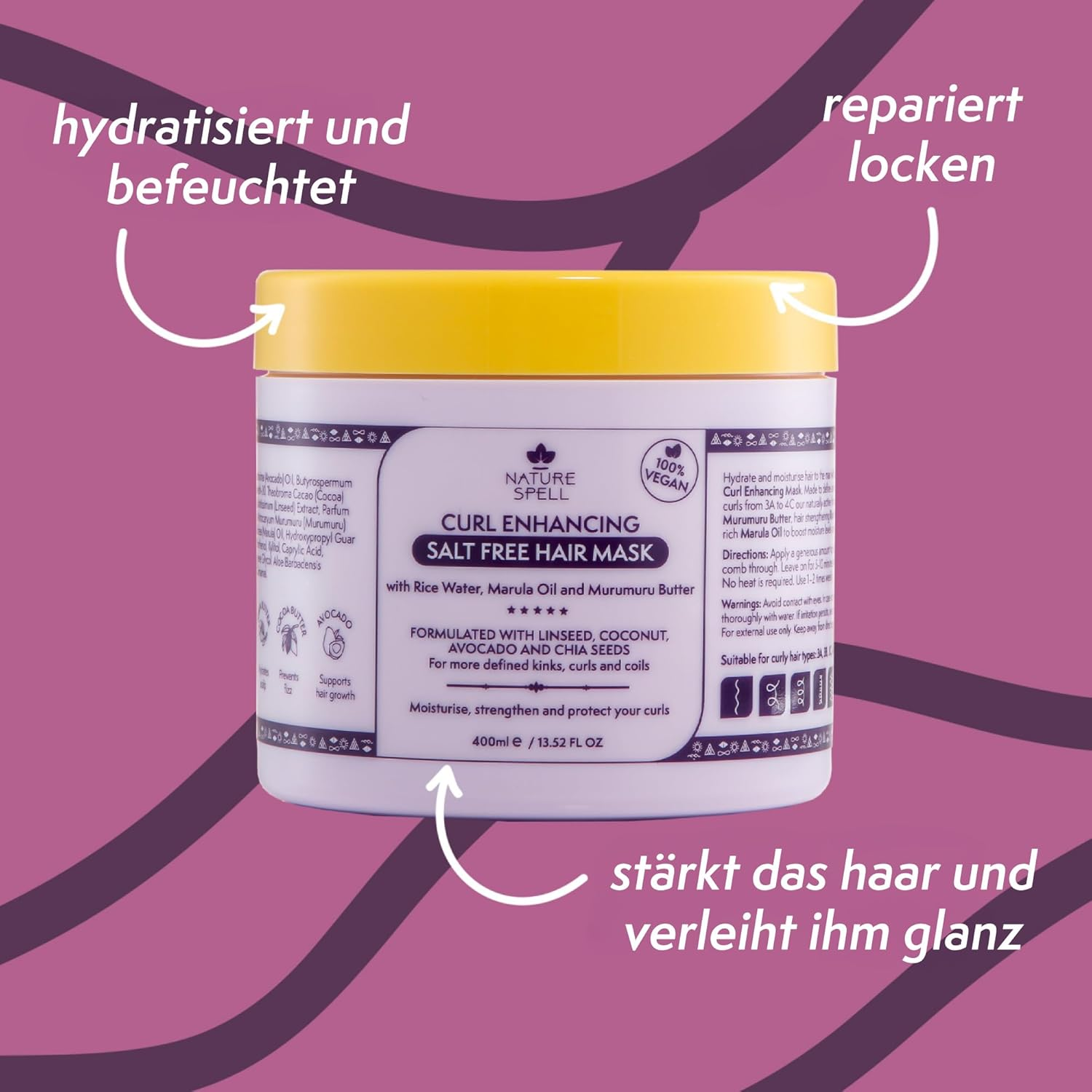 Nature Spell Curl Enhancing Hair Mask for Curly Hair by 400Ml &ndash; Infused with Rice Water & Linseed, for All Curl Types, Sulphate Free Hair Mask, 100% Vegan, Made in the UK, White image number 6