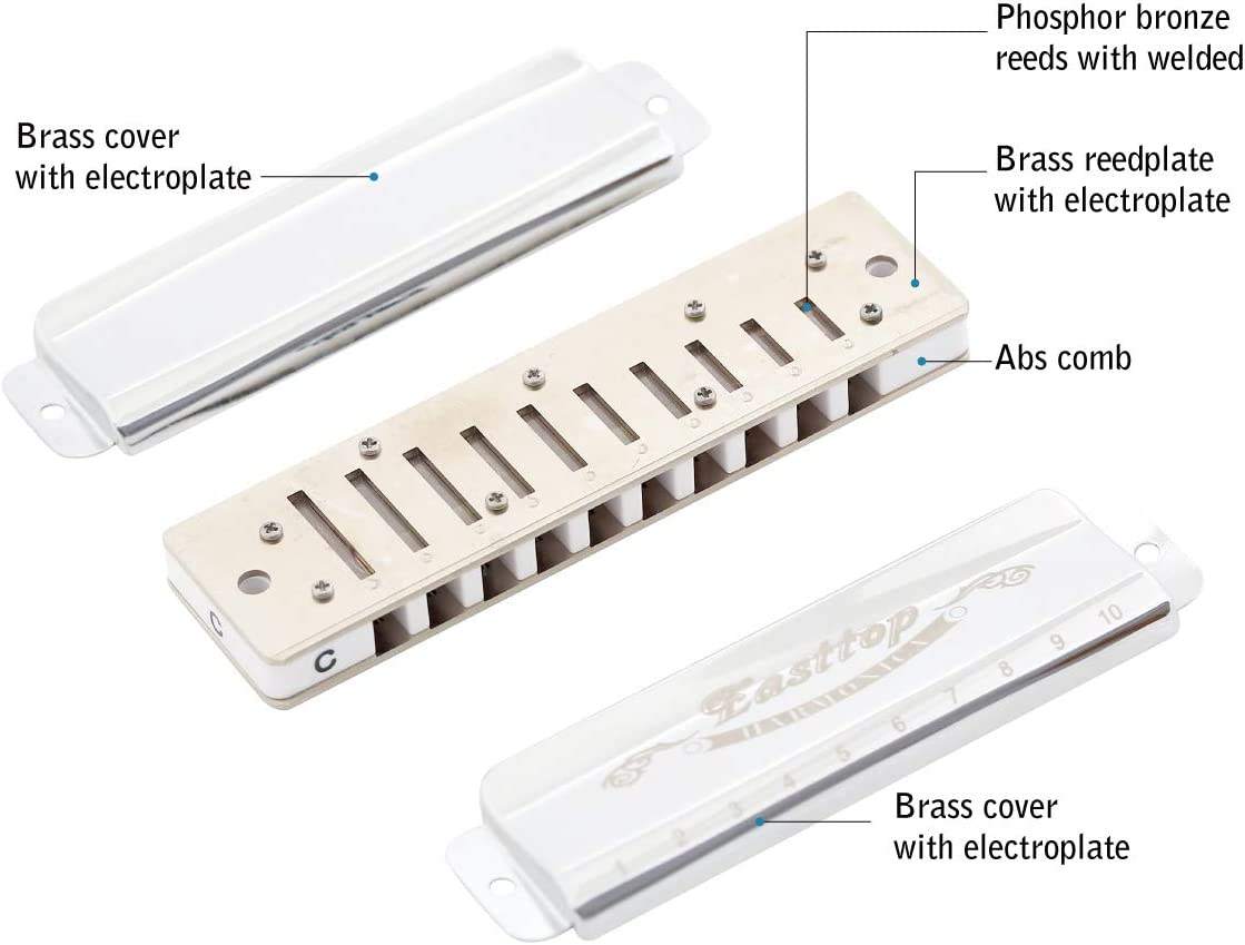 East Top Harmonica Key of C, Silver 10 Holes Diatonic T008 Harp Mouth Organ Harmonica for Adults,Professionals, Beginner, Students and Kids image number 1