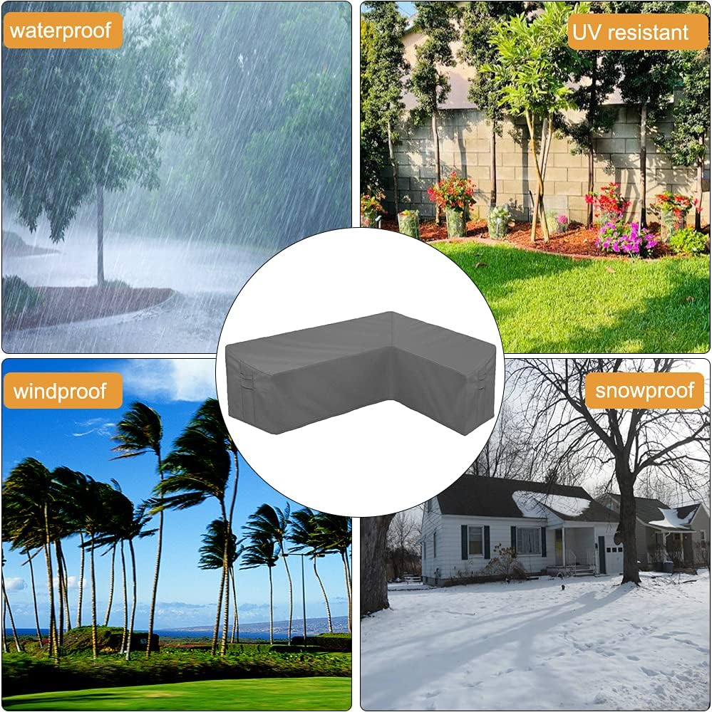 Patio Sofa Cover L-Shaped Sectional Furniture Cover Heavy Duty Outdoor Furniture Set Covers Waterproof Lawn Garden Couch Protector with Buckle Strap & Side Handle - Grey (L Shape 112X87 Inch)