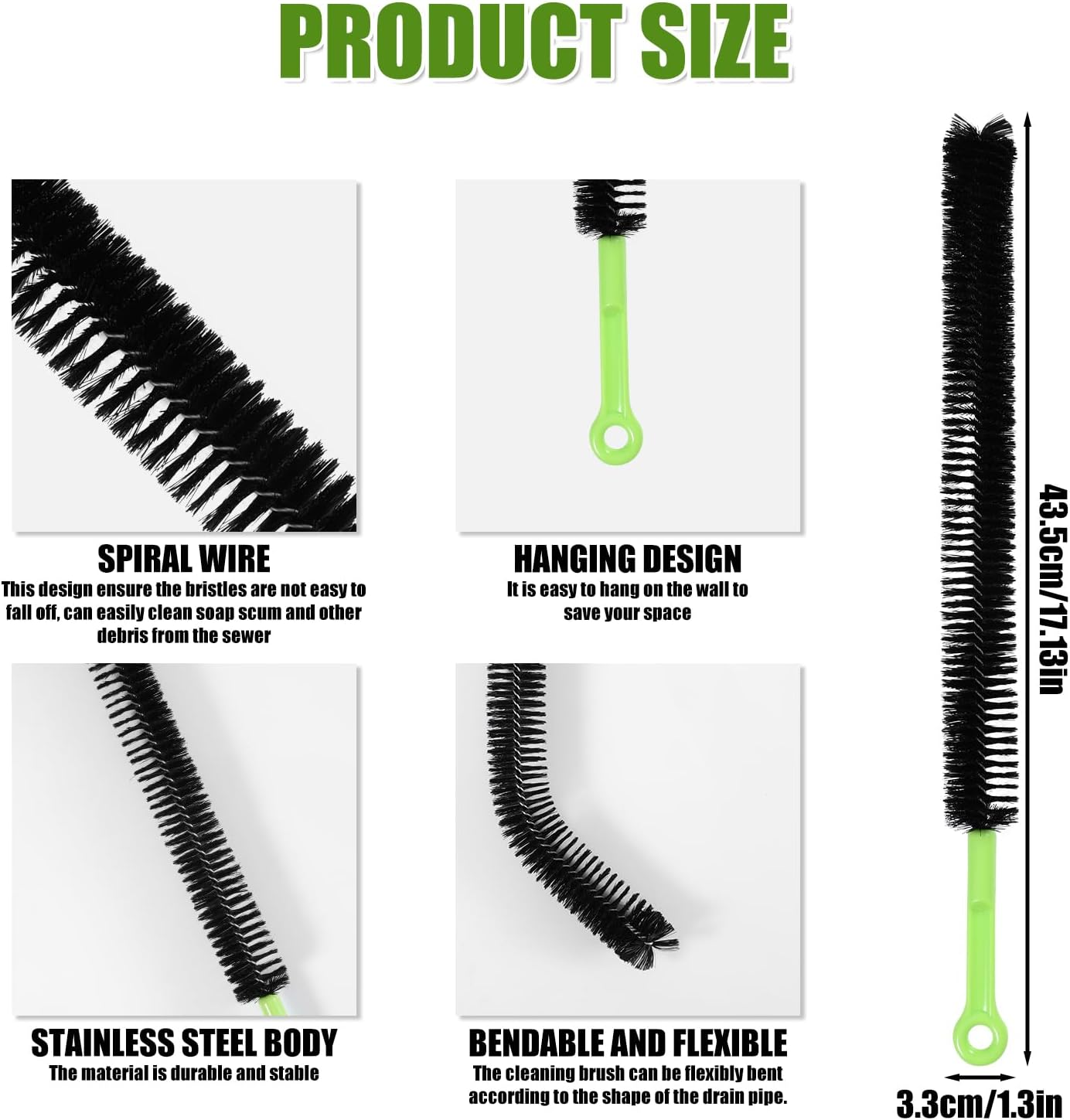 Gosknor 2Pcs Drain Brush, Nylon Stainless Steel Long Pipe Cleaners, 17In Sink Cleaning Brush, Flexible Long Cleaning Brush for Toilet Floor Drain, Kitchen Sink Drain