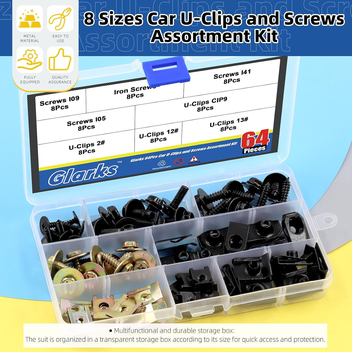 Glarks 64Pcs U-Clips and Body Bolts Screws Assortment Kit 8 Sizes Auto Car Clips Fasteners with Screws Auto Car U Nuts with Self Tapping Screw Body Bolts Screw for Bumper Fender Trim Panels