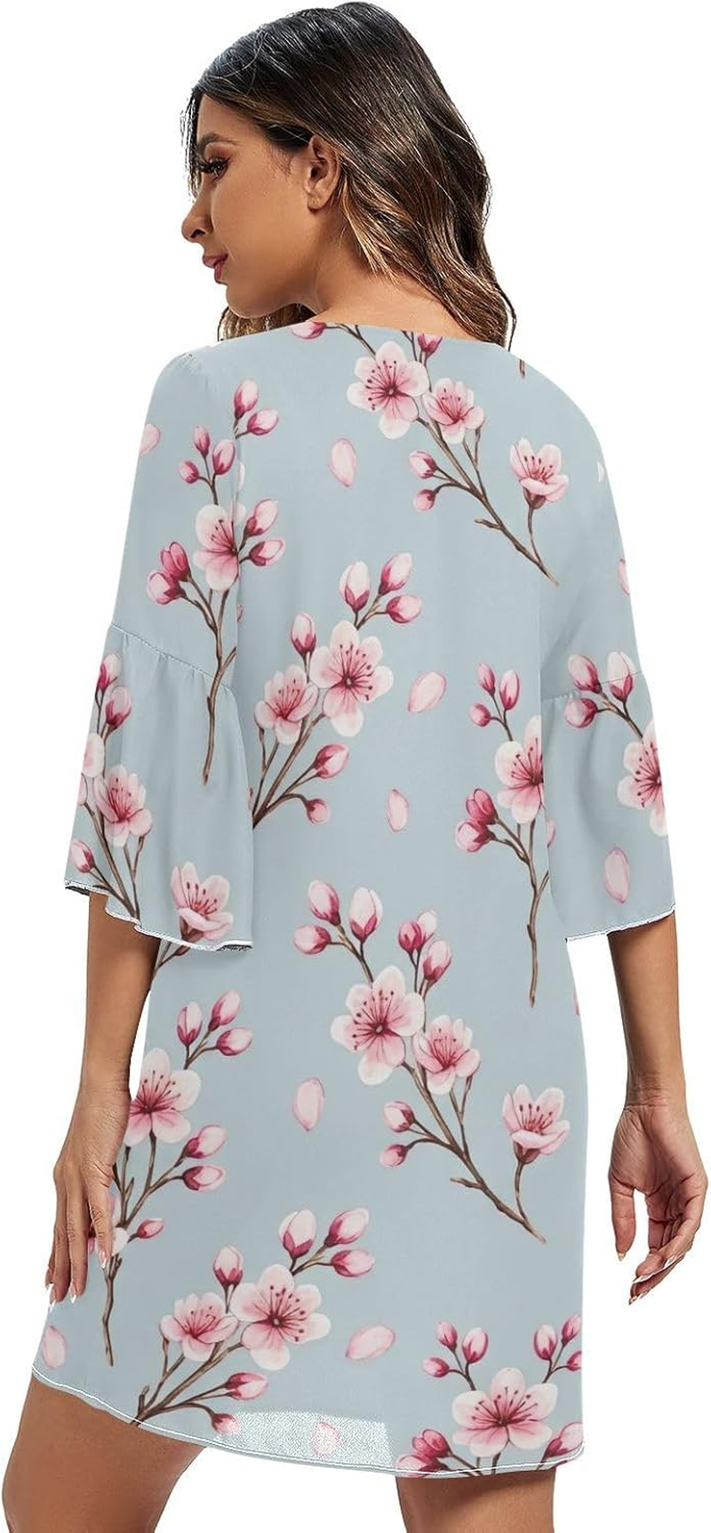 Cherry Blossom Pink Blue V Neck Line Dress Printed Line Maternity Dress