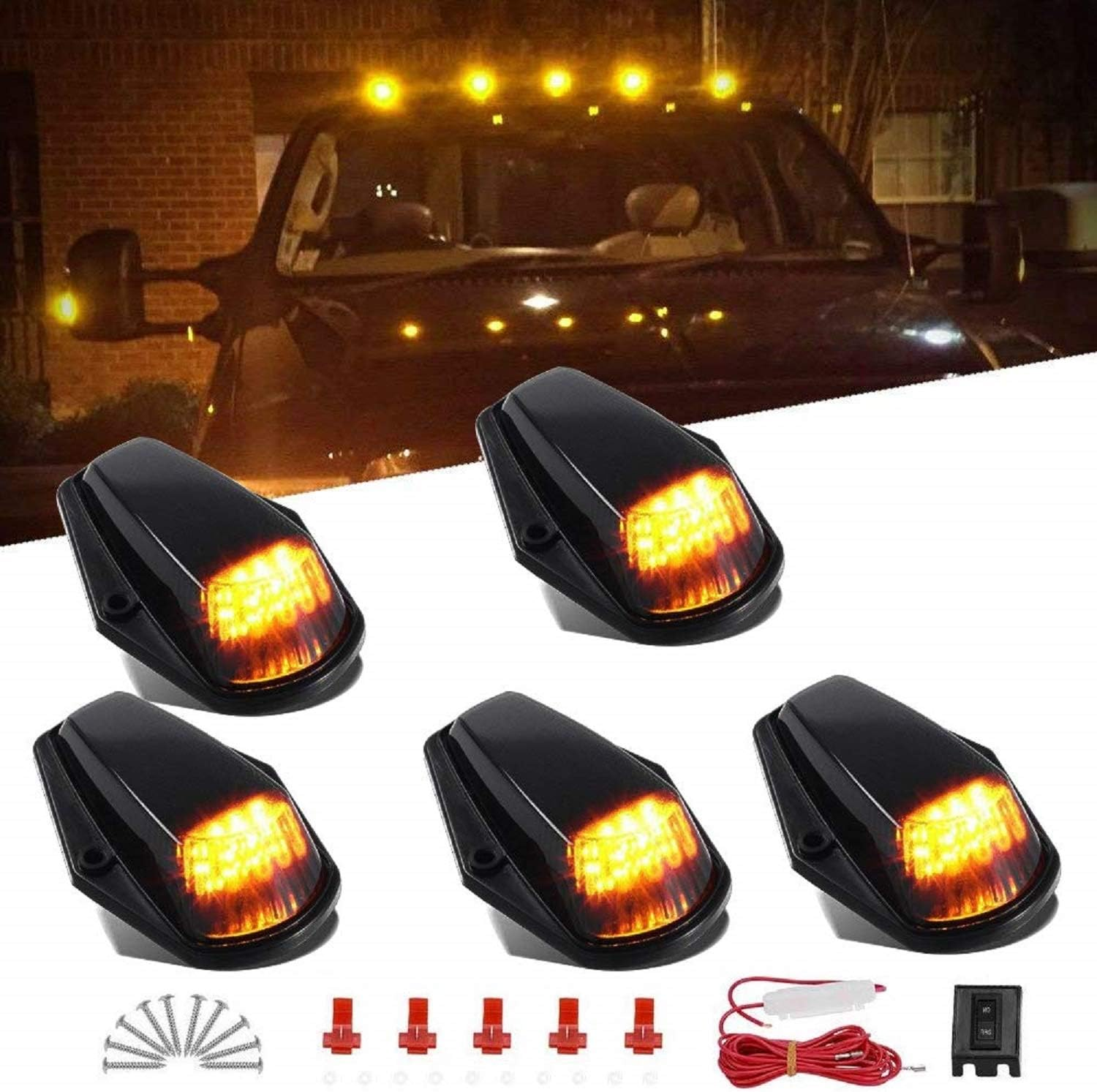 HOCOLO Amber LED Cab Marker Lights Roof Top Running Clearance Lights for Truck SUV Pickup (Black Smoked Lens with T10 Amber Light)