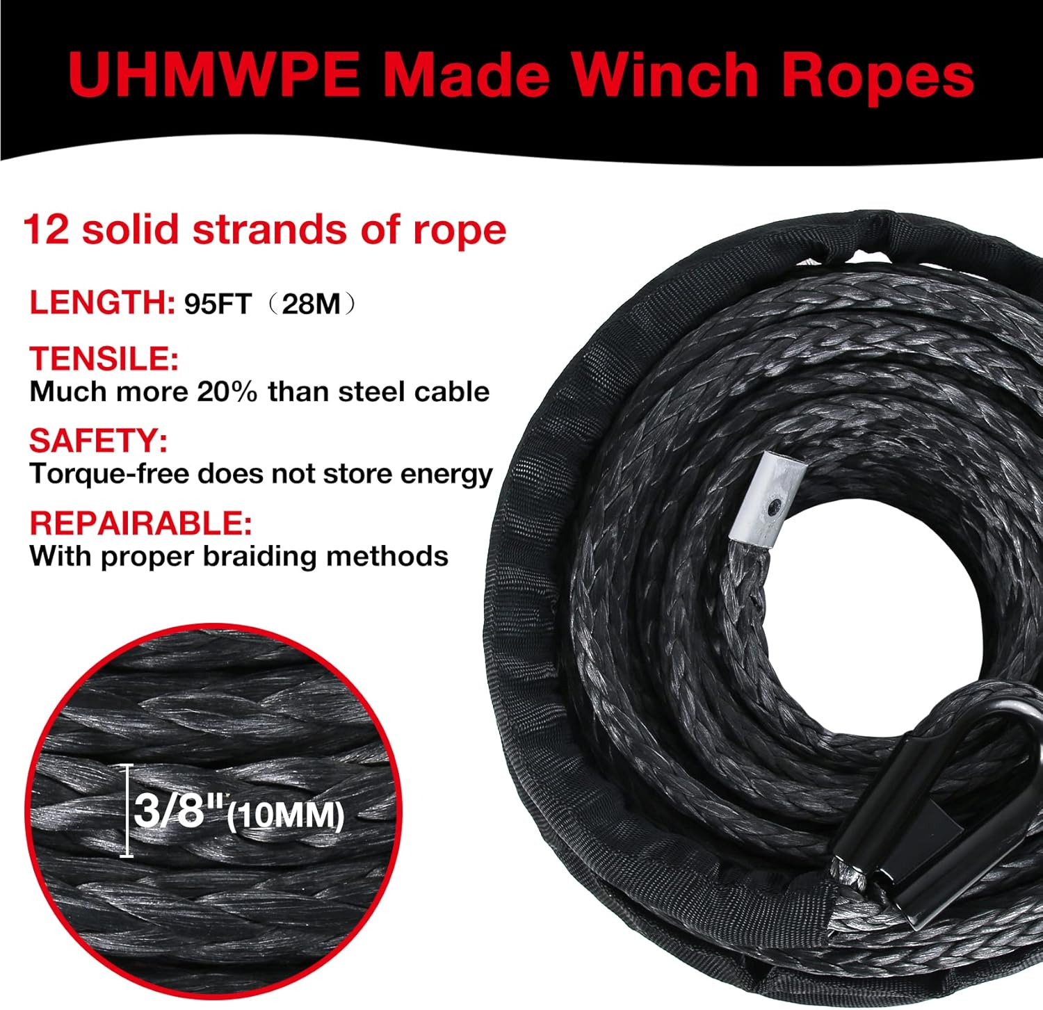 3/8 in X 95 Ft Synthetic Winch Rope with Protecting Sleeve and Thimble, 26,500 Lb Break Strength - Heavy Duty Winch Rope for ATV, UTV, Boat Trailer, Jeep, Quad, Polaris, Winch Cable (Black) image number 3