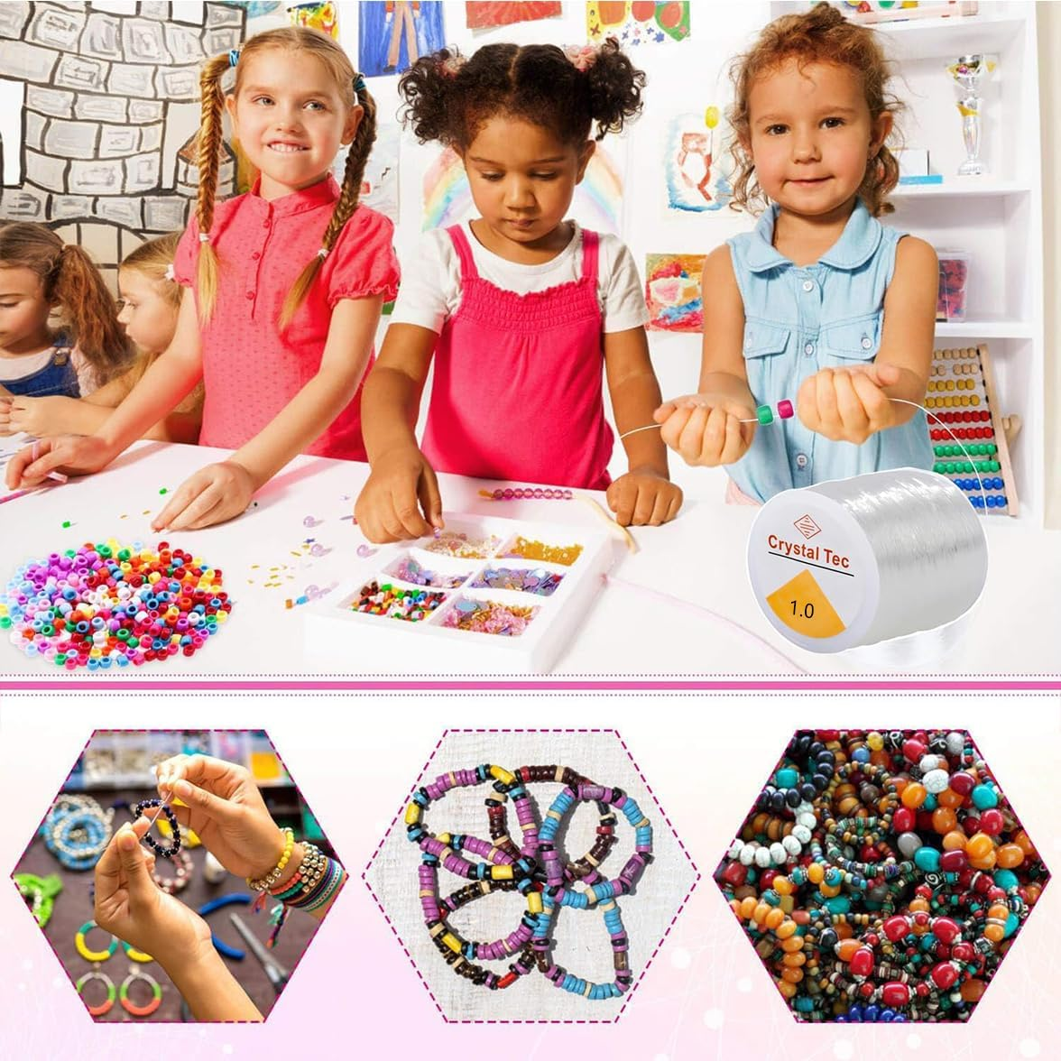 Stretchy String for Bracelets,2 Rolls of 160M,1.0Mm Clear Elastic String Stretch Cord Jewelry Bead Bracelet String with 2 Pcs Beading Needles for Seed Beads,Pony Beads,Bracelets and Jewelry Making image number 1