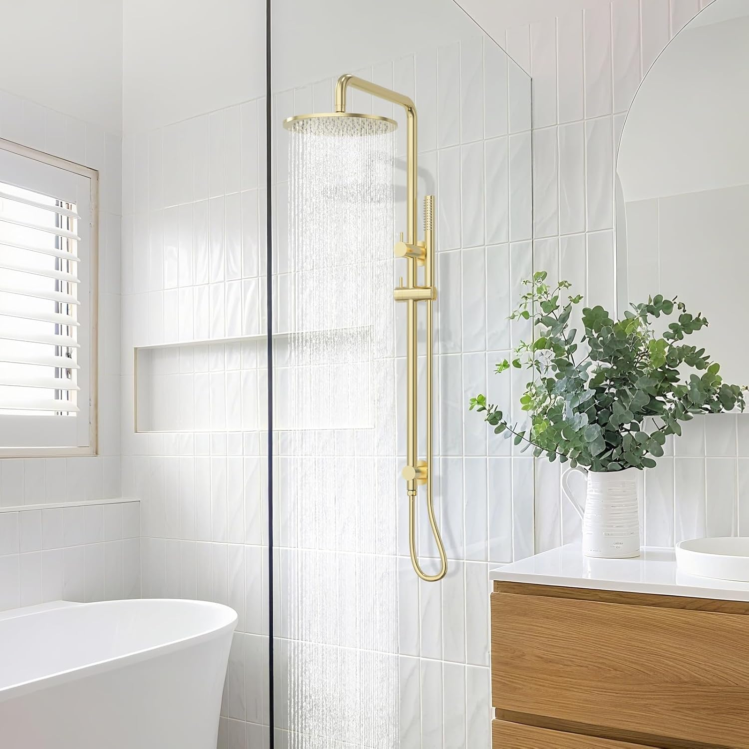 Acumios Luxury 10" Rain Shower Head System, Dual Rail Set with Stainless Steel Handheld, 255Mm/8Mm Square Overhead Brass Shower for Modern Bathrooms(Brushedgold) - Gunmetal image number 3