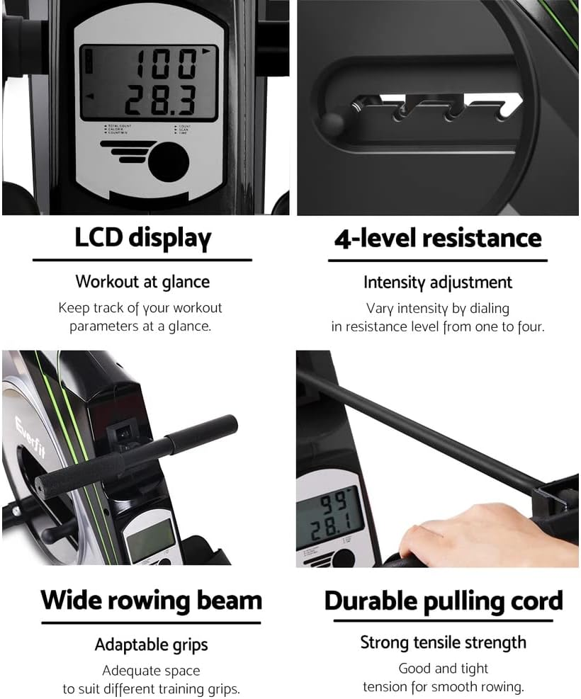 Everfit Elastic Rope Resistance Rowing Machine, Foldable Rower Home Gym Fitness Equipment Cardio Workout Exercise, Adjustable 4 Levels 150KG Weight Capacity Silver Black image number 1