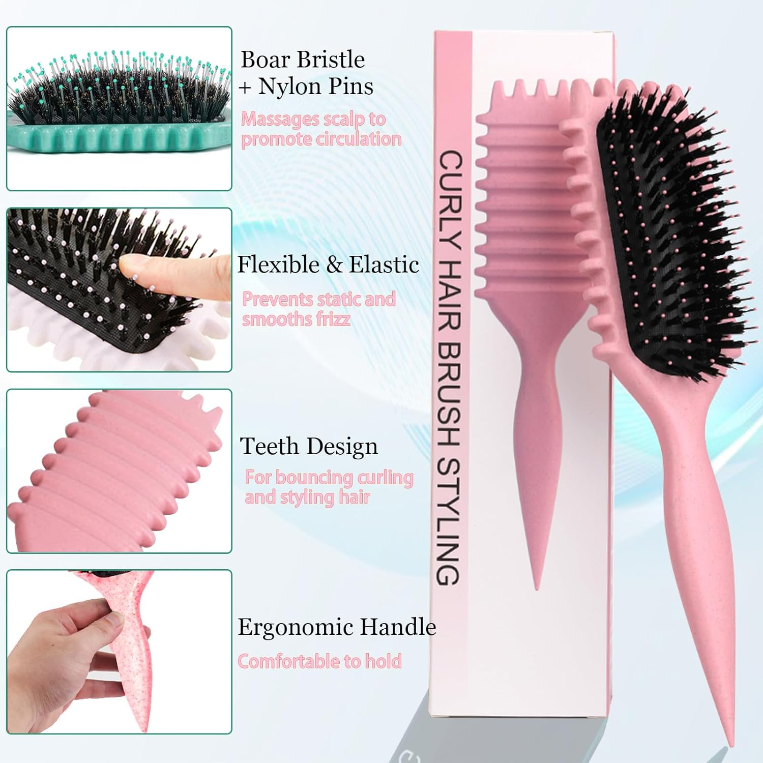 Curly Hair Brush: Bounce Hair Brush Less Pulling Styling Brush for Men and Women Boar Bristle Curl for Combing Detangling, Pink image number 4