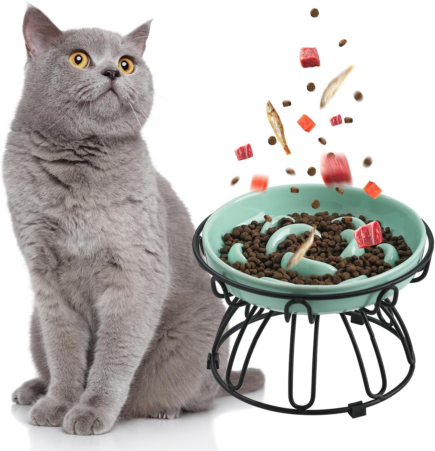 PTOBER Cat Slow Feeder &ndash; Anti-Overeating Cat Bowl with Non-Slip Metal Stand &ndash; Ceramic, Ivory White