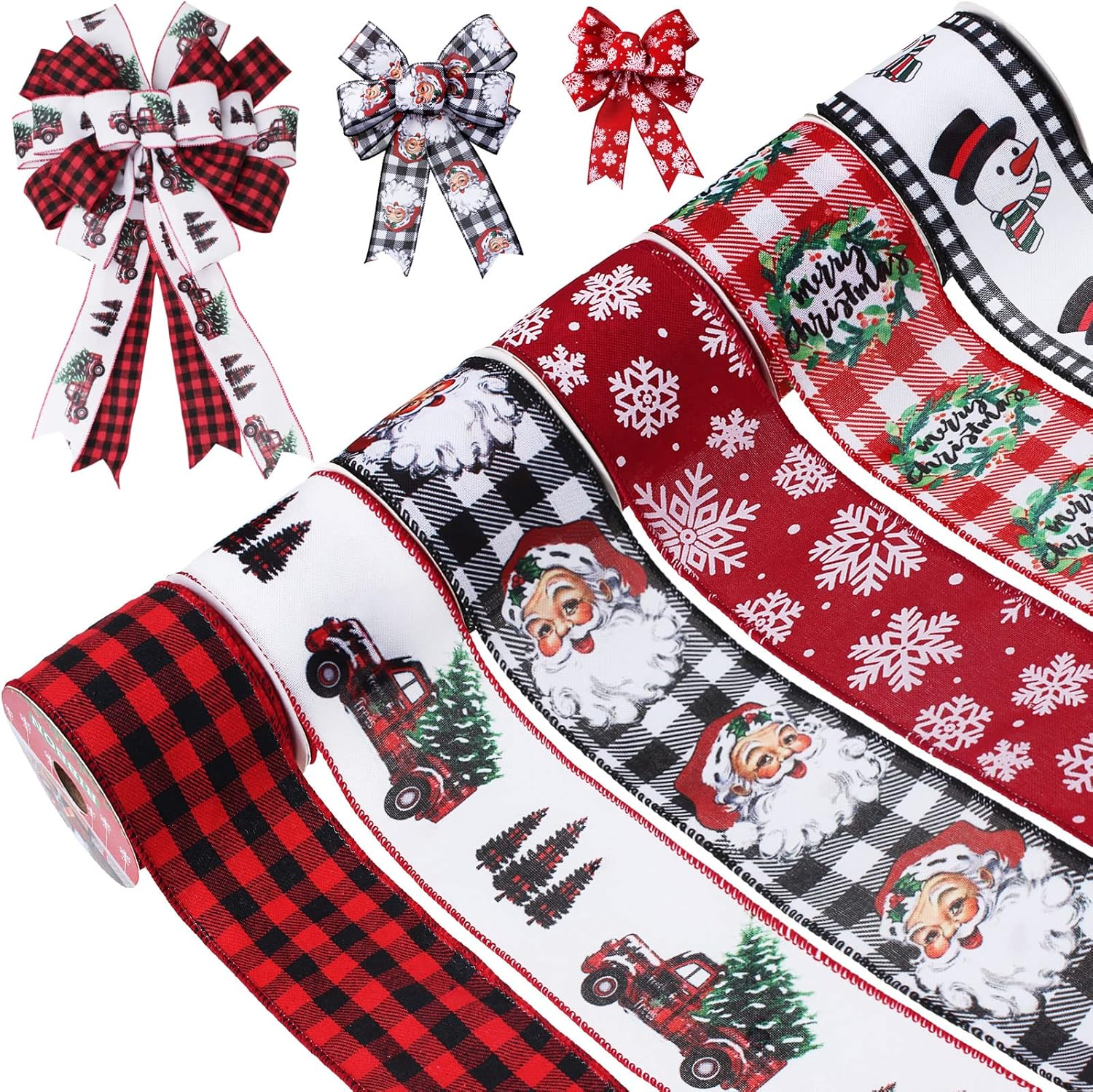 Vloso Christmas Ribbon Wired 2.5 Inch, 6 Roll 30 Yards - Santa, Snowman, Snowflake, Buffalo Plaid for Wreaths, Bows, Decor, DIY Crafts image number 2