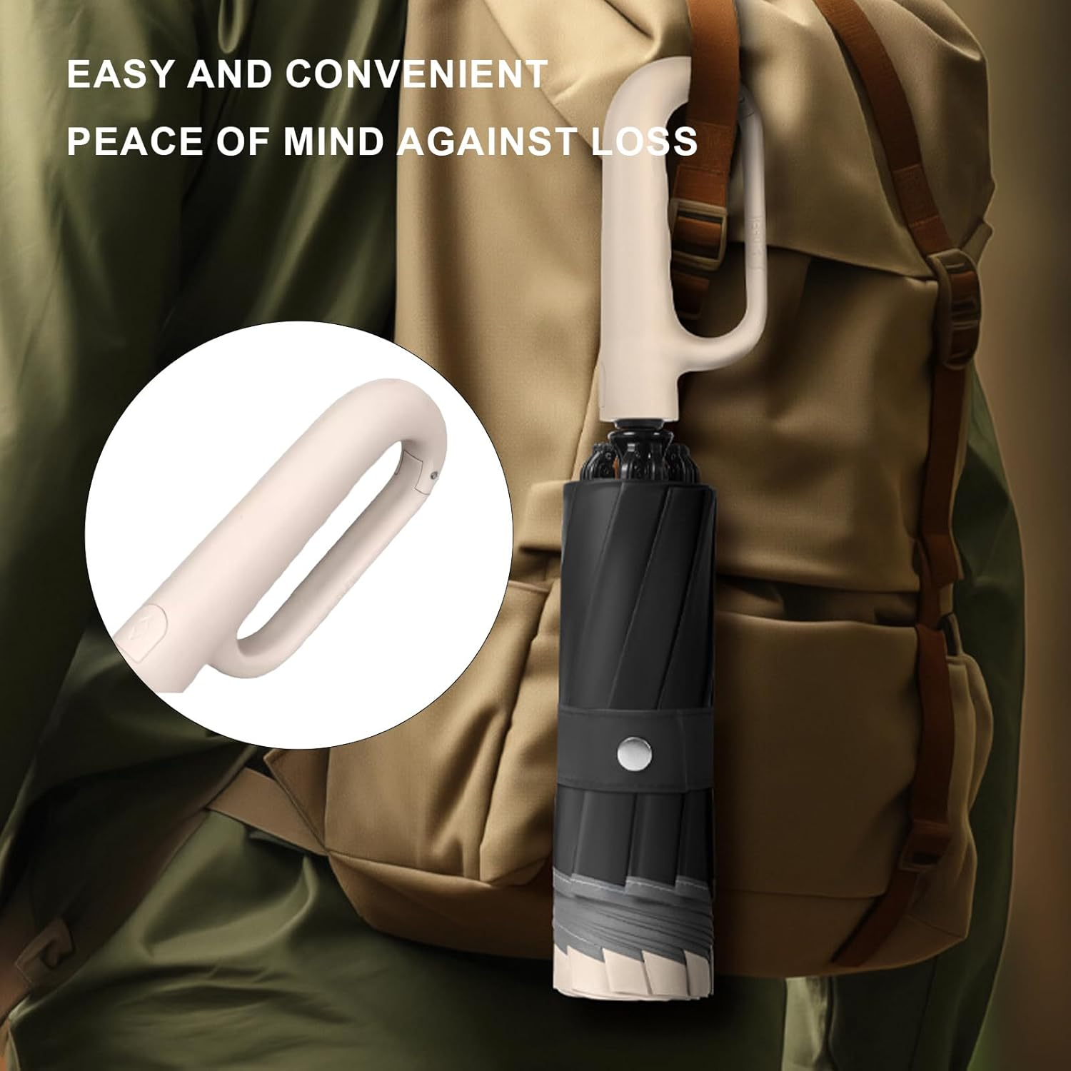 Folding Umbrellas, Automatic Extra Large Compact for Sun & Rain &ndash; Windproof Travel Parasol with Hooking Handle, Inverted Dry Close & Safety Reflective Strips (Beige) image number 2