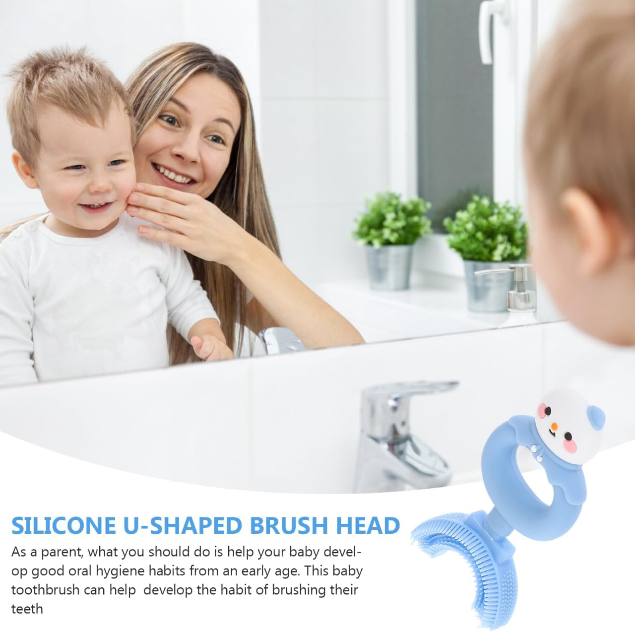 Minkissy Kids Manual Toothbrush Toddler U Shaped Soft Silicone Cleaning Tooth Brush Ages 3-8 Boy Girls Funny Snowman Design Rounded Head Home & Travel Use Blue image number 2