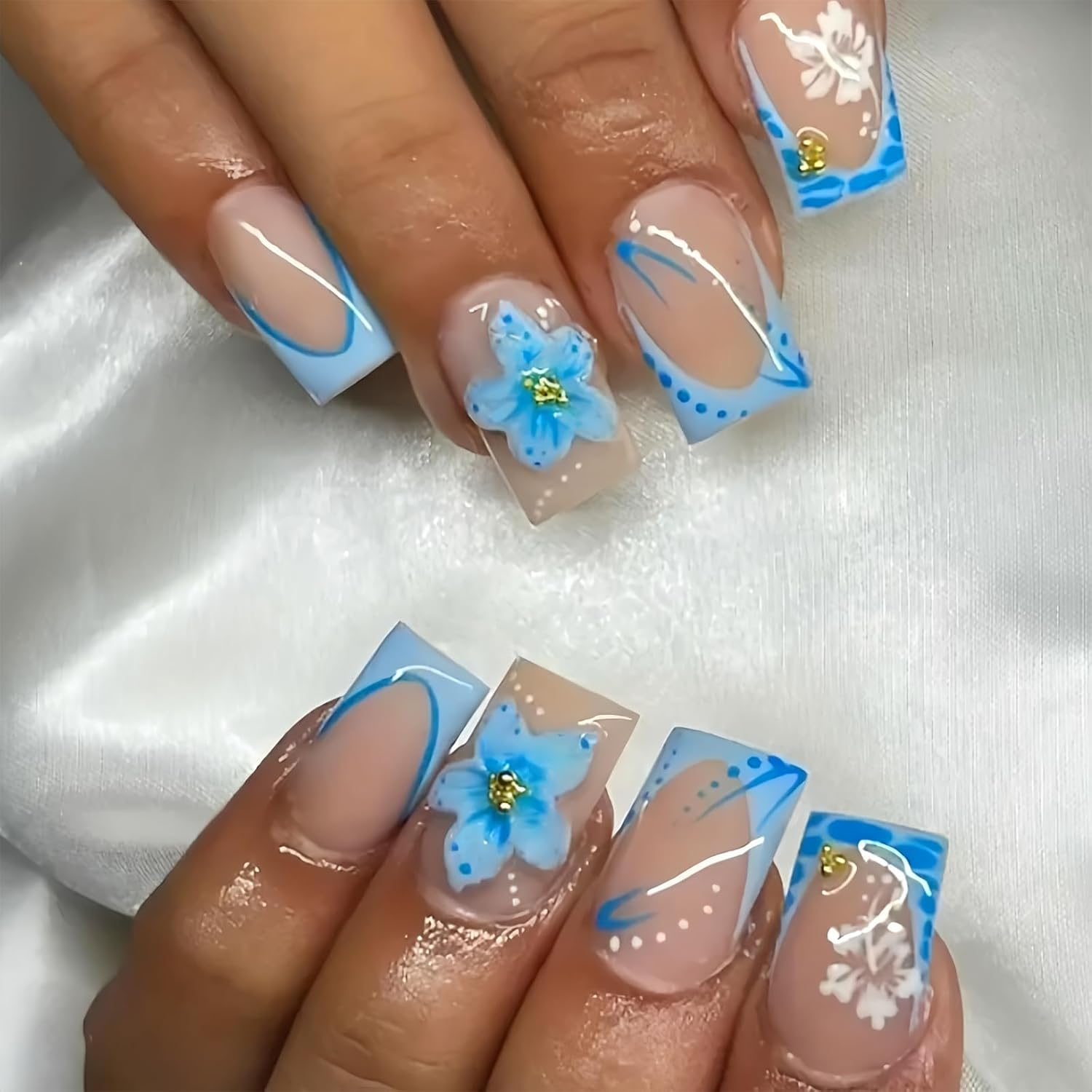 Yamobi Pack of 24 Artificial Blue Flower Nails - Short Square for Women with French Tip and Gold Rhinestone Design for Spring and Summer