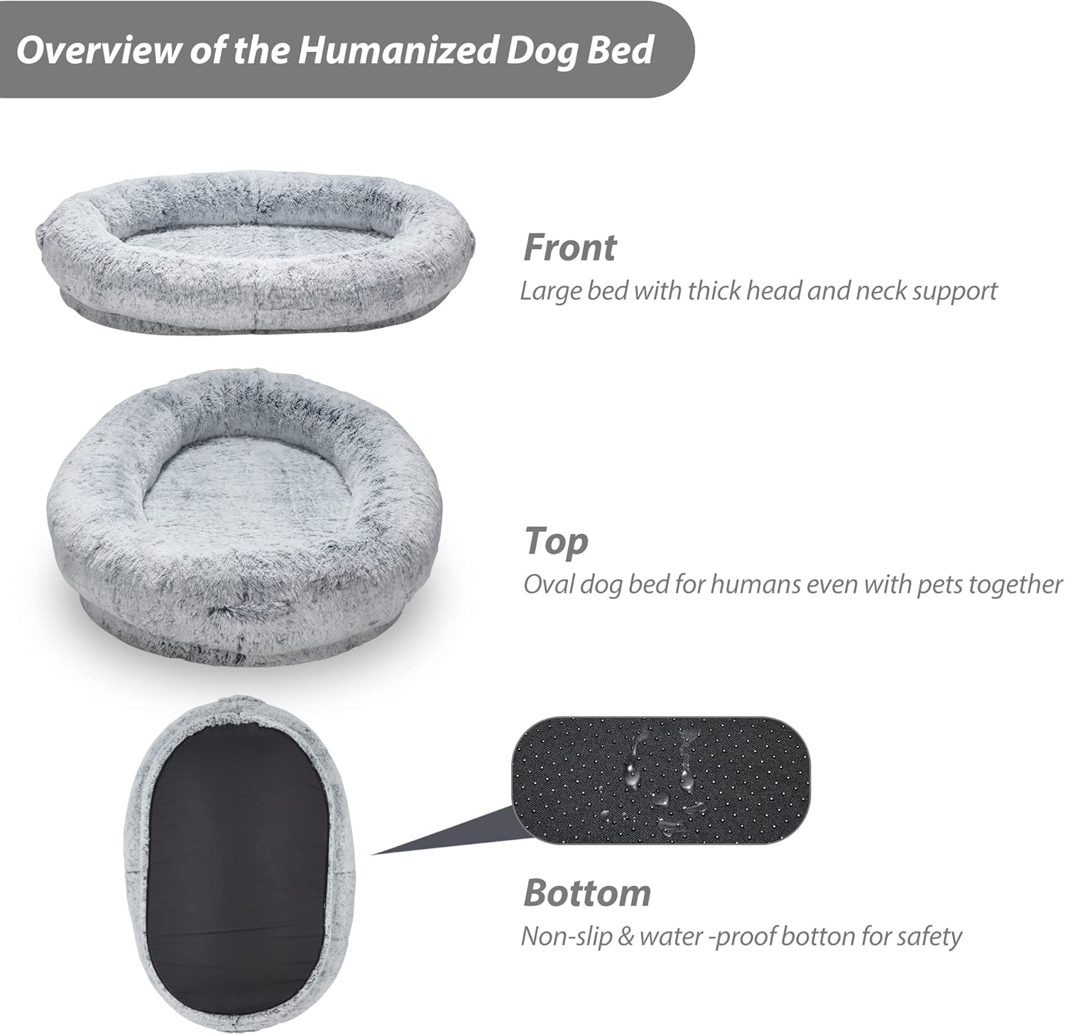 Homguava Large Human Dog Bed 75.5''X55''X12'' Bean Bag for Humans Giant Beanbag with Blanket People, Families, Pets (Grey Plush) image number 2