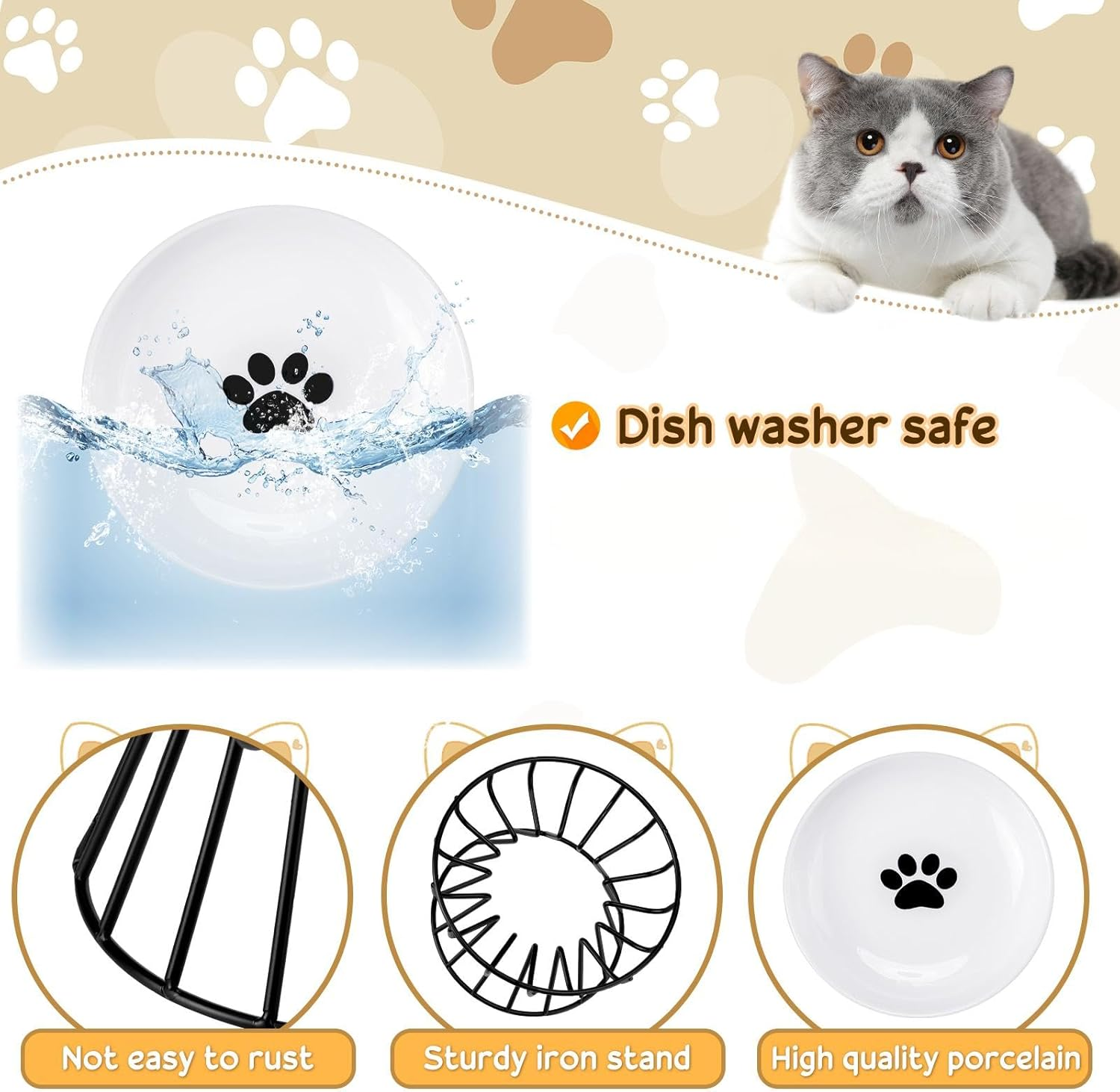 Roshtia 4 Sets Elevated Cat Bowls Ceramic Raised Cat Food Bowls with Metal Stand Dishwasher Safe Dishes Non Slip Elevated Food Plate(Black,Paw) image number 5