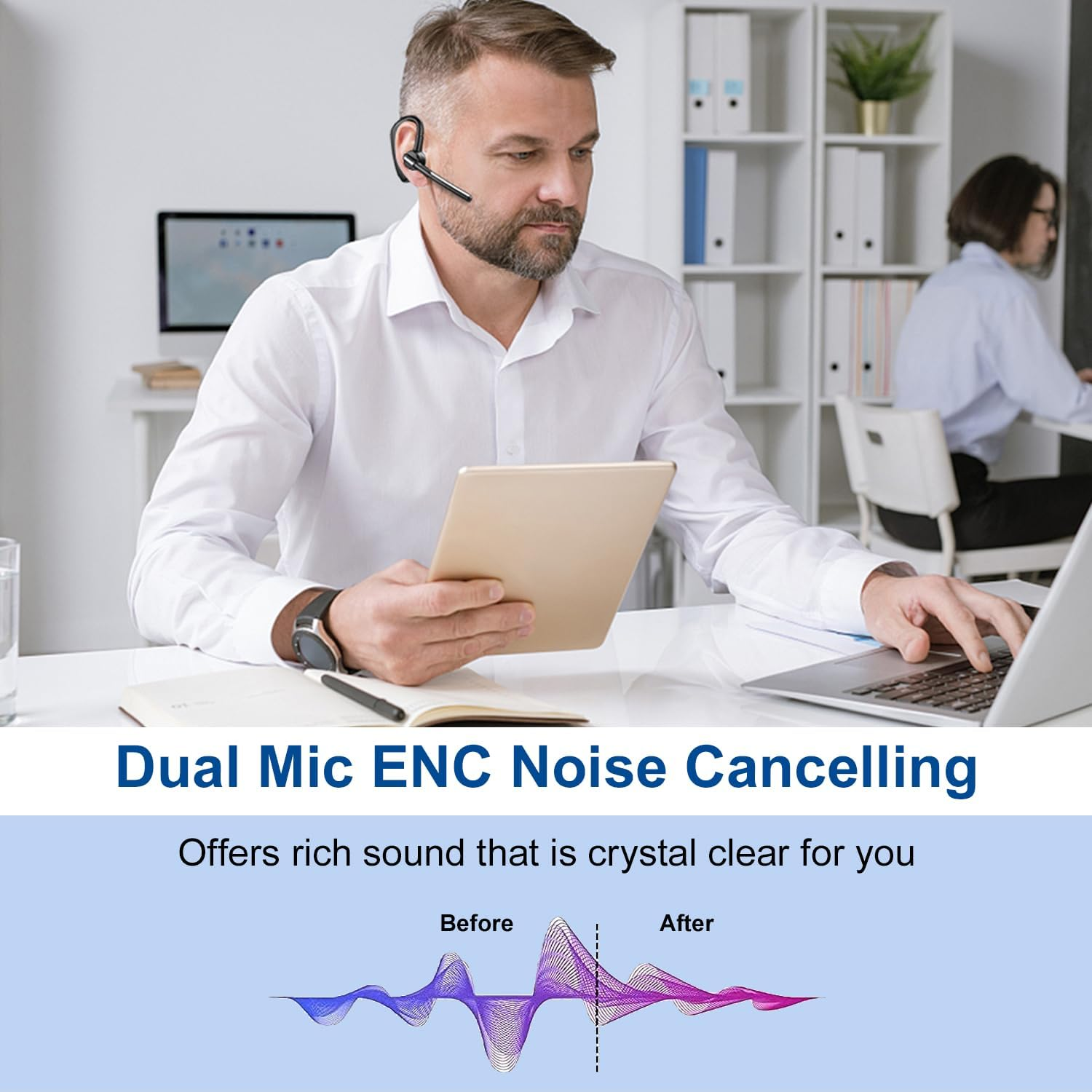 Bluetooth Headset with CVC8.0 Dual Microphone Noise Cancelling Wireless Headphones V5.0 Wireless Headset Mobile Phone for Iphone Samsung Smartphone Driving Business Office Clear Chat Super Light image number 4