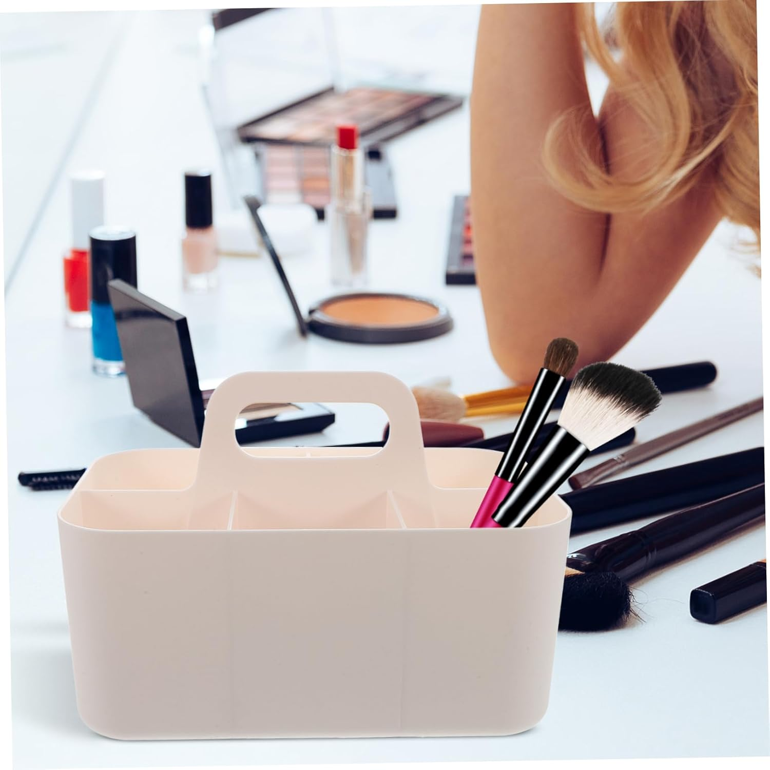 KALLORY Stationery Storage Box Divided Desk Organizer Caddy Handle Aesthetic Makeup Organiser for Office Supplies Student Bathroom - White image number 4