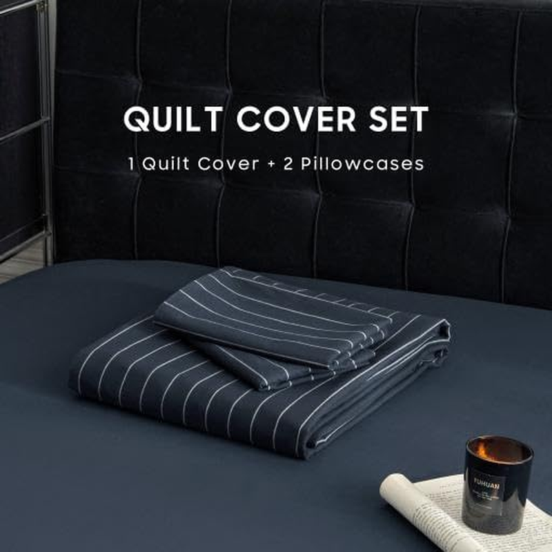 Wake in Cloud - Cotton Quilt Cover Set, 100% Washed Cotton Doona Duvet Cover Bedding Set, 3 Pieces, Pinstripe Navy Blue, Queen Size image number 6