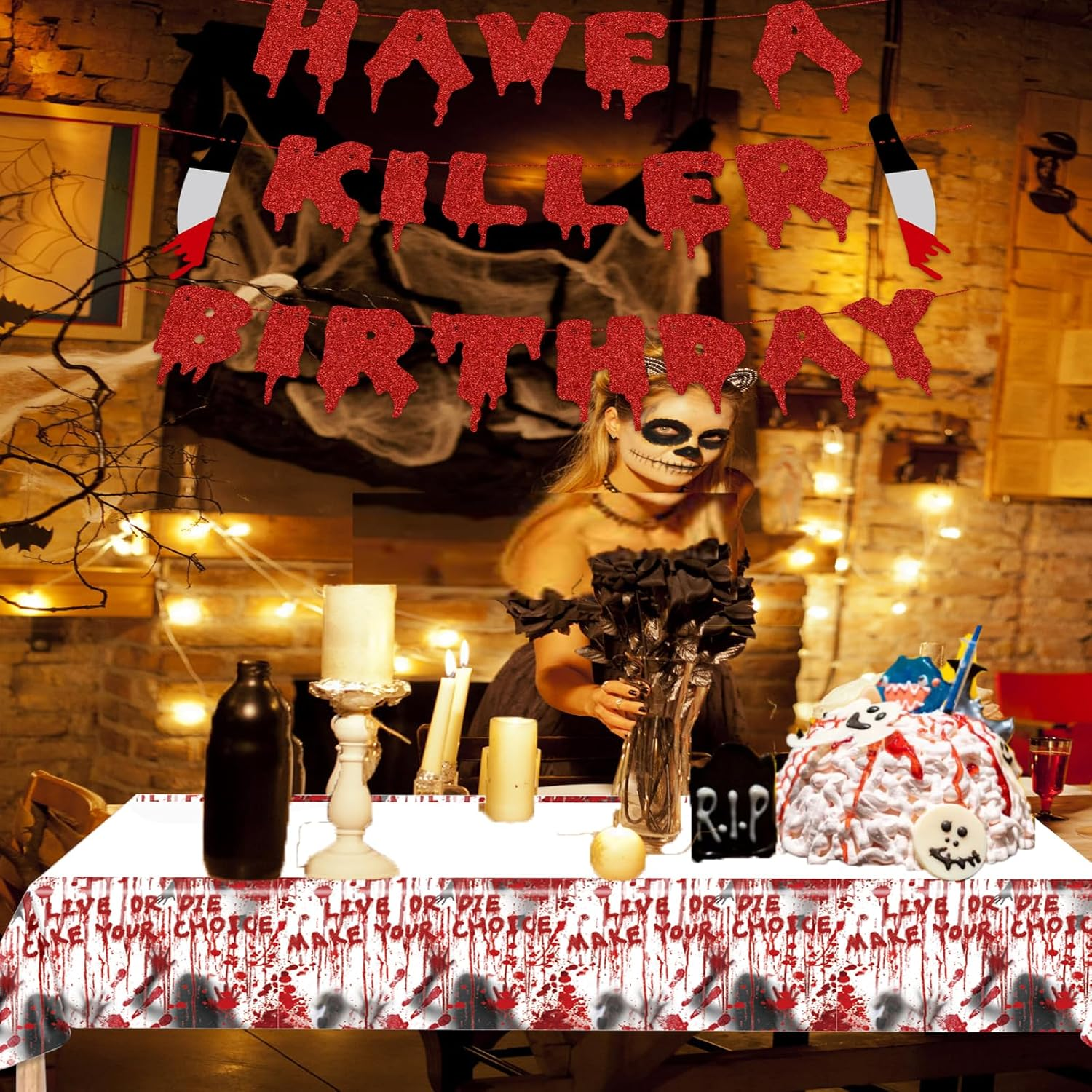 Have a Killer Birthday Party Banner Disposable Tablecloth for Halloween Birthday Halloween Bloody Horror Movie (Red) - Black image number 4