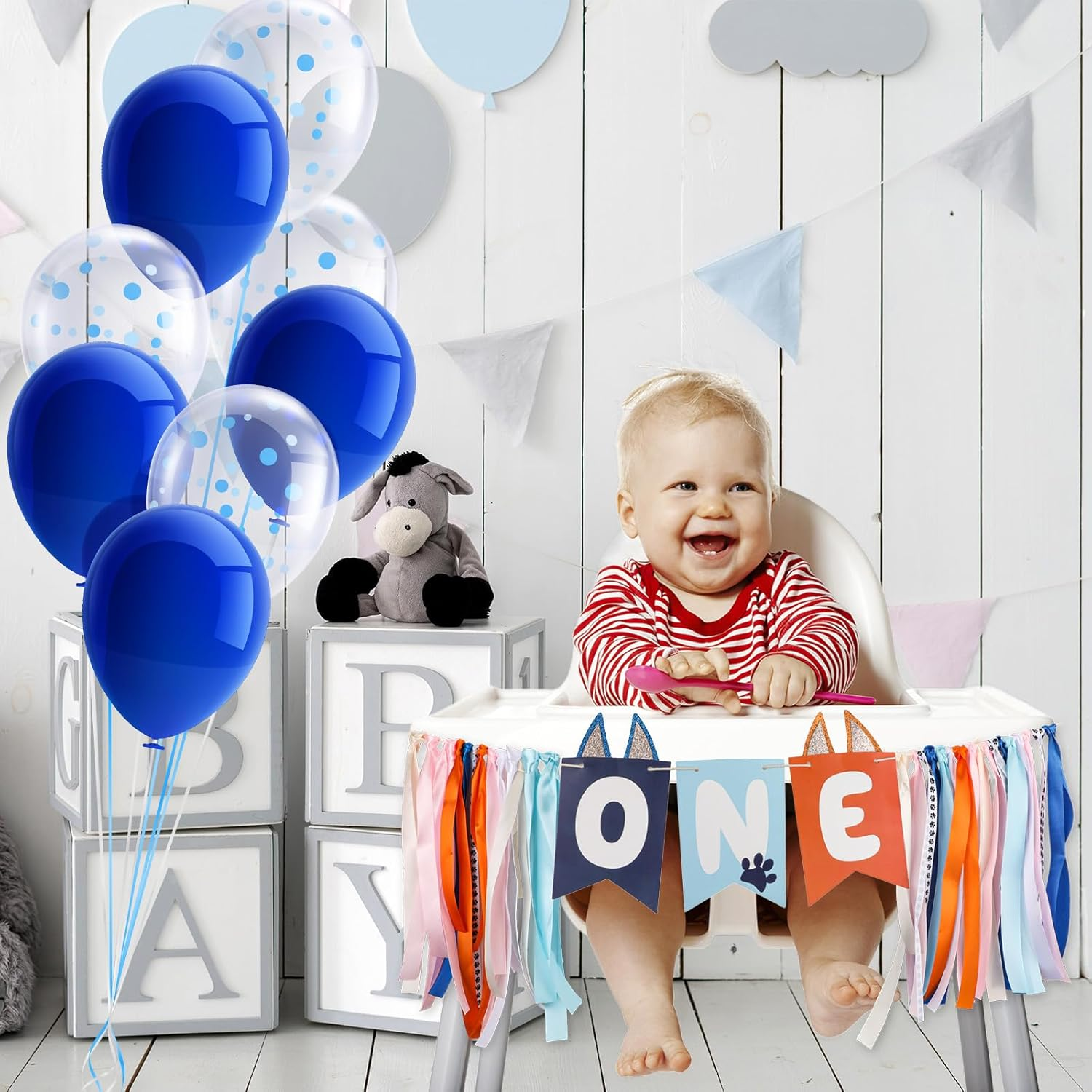 Light Blue Navy Brown Orange First Birthday High Chair Banner, Cute Puppy Paw Print Highchair Banner First Birthday Boys and Girls First Birthday Decor Birthday Backdrop Banner image number 5