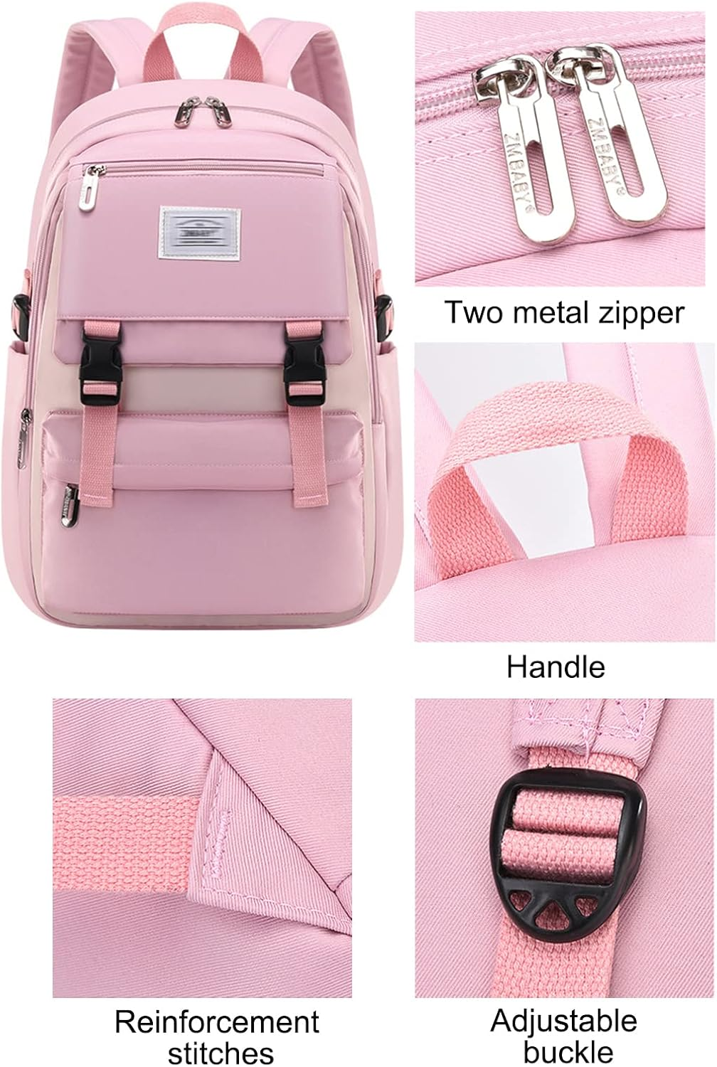 Sellerfun Teens Girls Backpack Primary Junior Middle School Bookbag Fit for 15.6 Inches Laptop - Light Pink image number 3