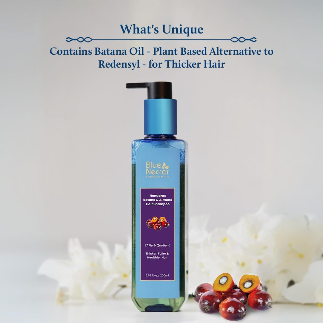 Blue Nectar Batana & Almond Hair Shampoo for Thicker & Fuller Hair | Sulphate Free | All Hair Types (17 Herbs, 200Ml)