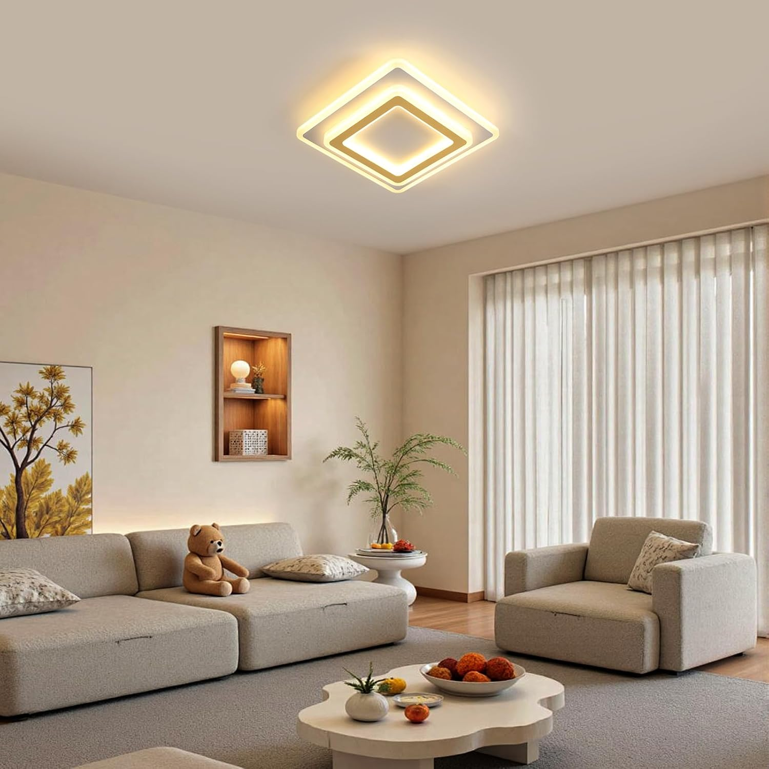 Modern Ceiling Lamp, 44W LED Ceiling Light Square Ceiling Light, Gold Acrylic Ceiling Light for Bedroom, Living Room, Dining Room, Hallway, Warm Light 3000K, Day 30 Cm image number 5