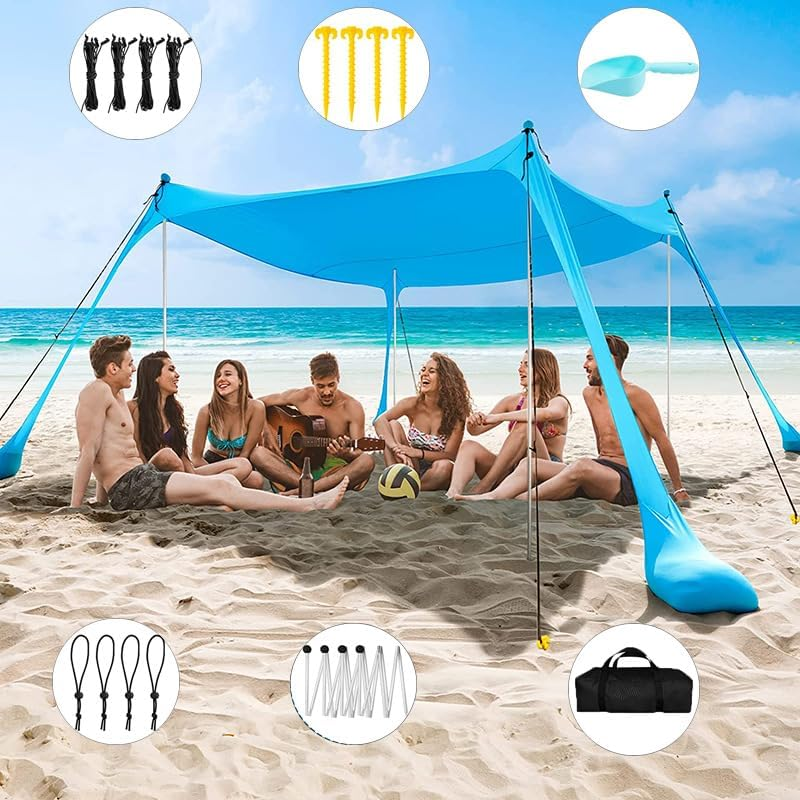 Beach Tent, Camping Sun Shelter with UPF50+ Protection, Sand Shovels, Ground Pegs and 4 Stability Poles, Outdoor Pop up Beach Shade Canopy,Camping Trips, Fishing or Picnics (300 * 300 * 200Cm)