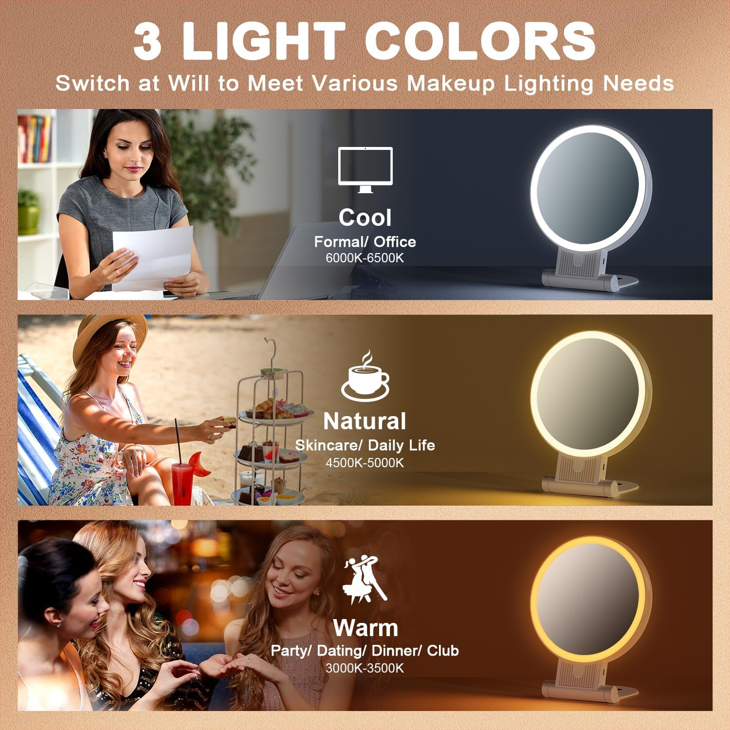 Auxmir 1X/30X Magnifying Mirror with Light, 2000Mah Rechargeable Travel Makeup Mirror with Magnification, Lighted Vanity Mirror with Adjustable Folding Handle, Tabletop Mirror for Tweezing Travel - White image number 2