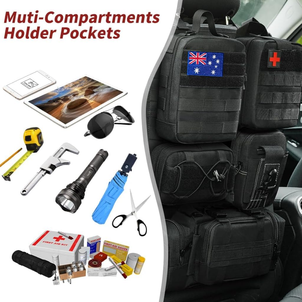 Lxjnfac Universal Tactical Vehicle Seat Back Organizer Panel with 5 Detachable MOLLE Pouches - Medical, Phone, Storage Pouch, Suitable for Vehicles Such as Jeep, Truck, SUV, Ford, Chevrolet, Etc image number 1