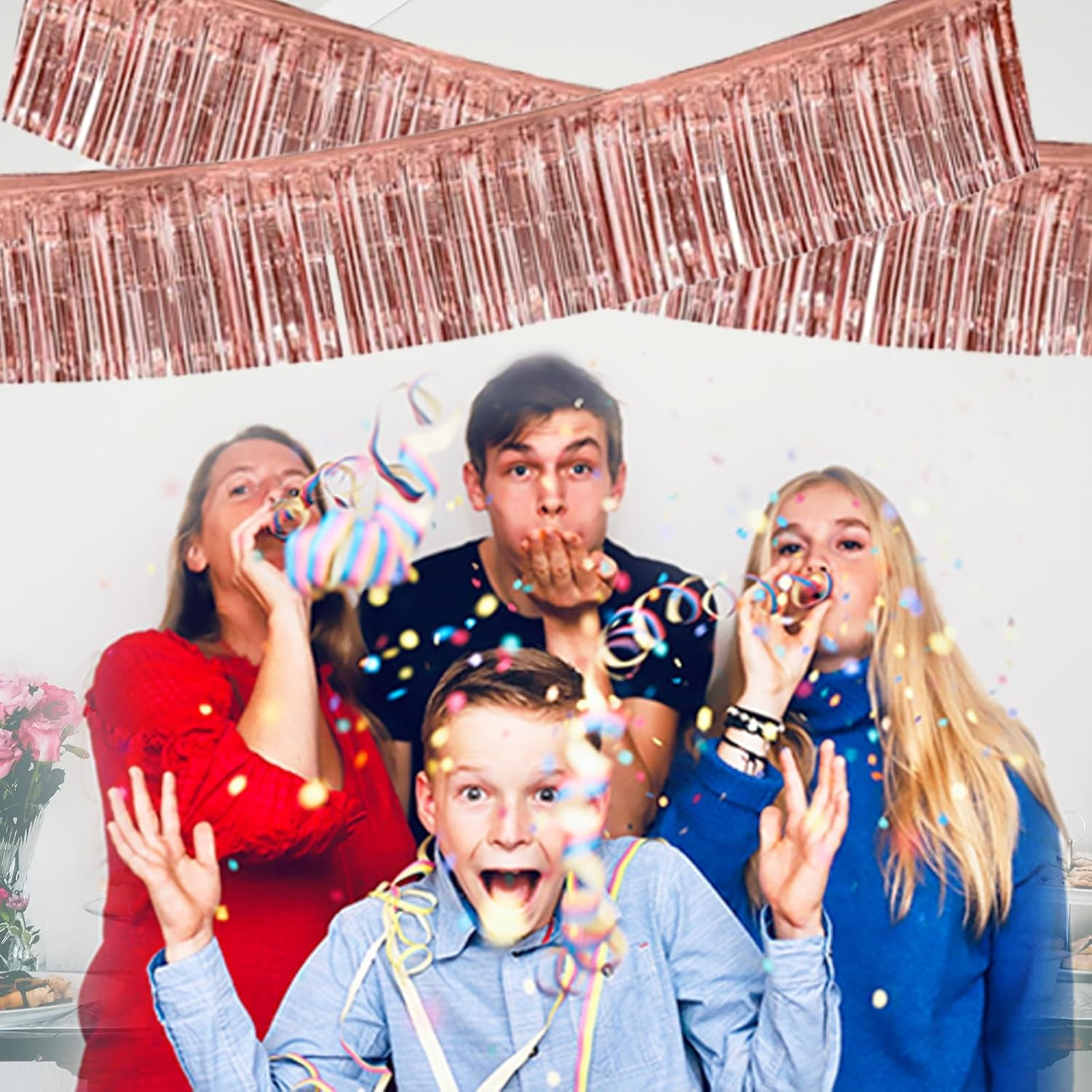 3 Packs Metallic Foil Fringe Garland, Parade Floats Wall Hanging Tinsel Fringe Banners for Wedding Birthday Party Holiday Photographic Wall Window Decoration, 10 Feet, Rose Gold - Rose Gold image number 3