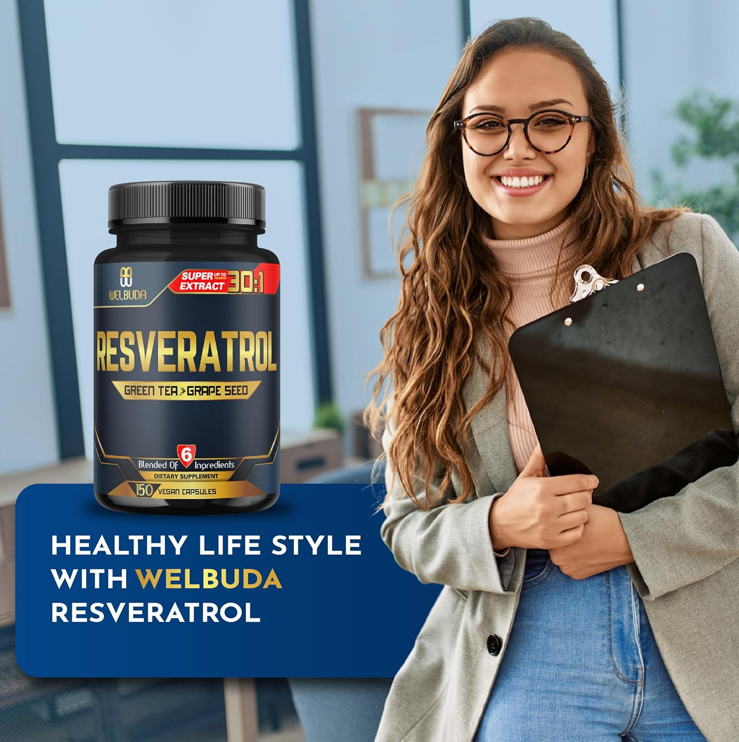 6In1 Resveratrol Supplement 28000Mg - 150 Capsules for Anti-Aging, Mind, Heart, Mood & Immunity Support - Green Tea, Grape Seed, Acai Fruit, Quercetin & Red Wine - 75-Serving Supply