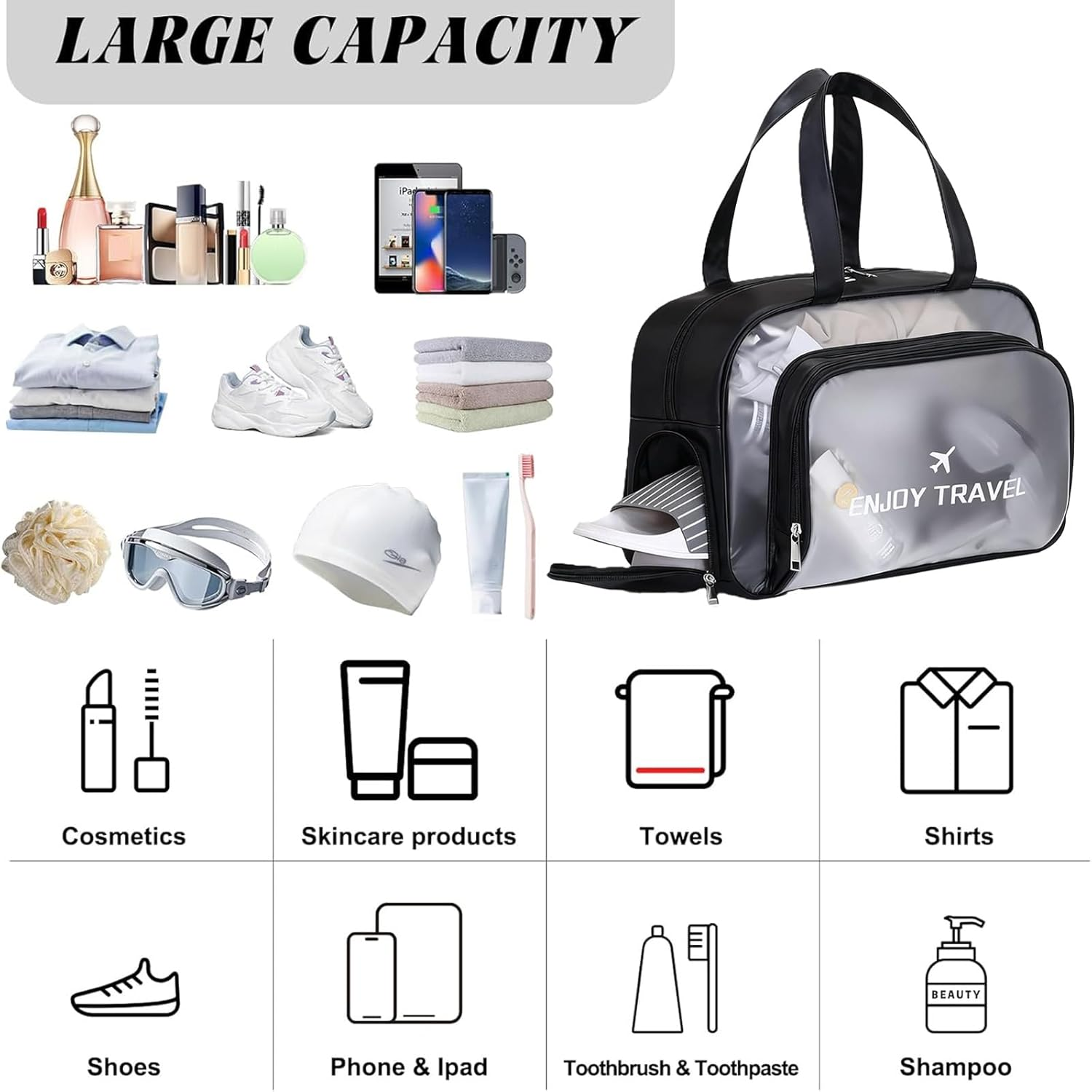 Clear Toiletry Bag - Large Waterproof Transparent Makeup & Wash Bag with Shoe Compartment & Wet Pocket | Travel Organiser for Aussie Holidays, Beach & Gym（Black） image number 2