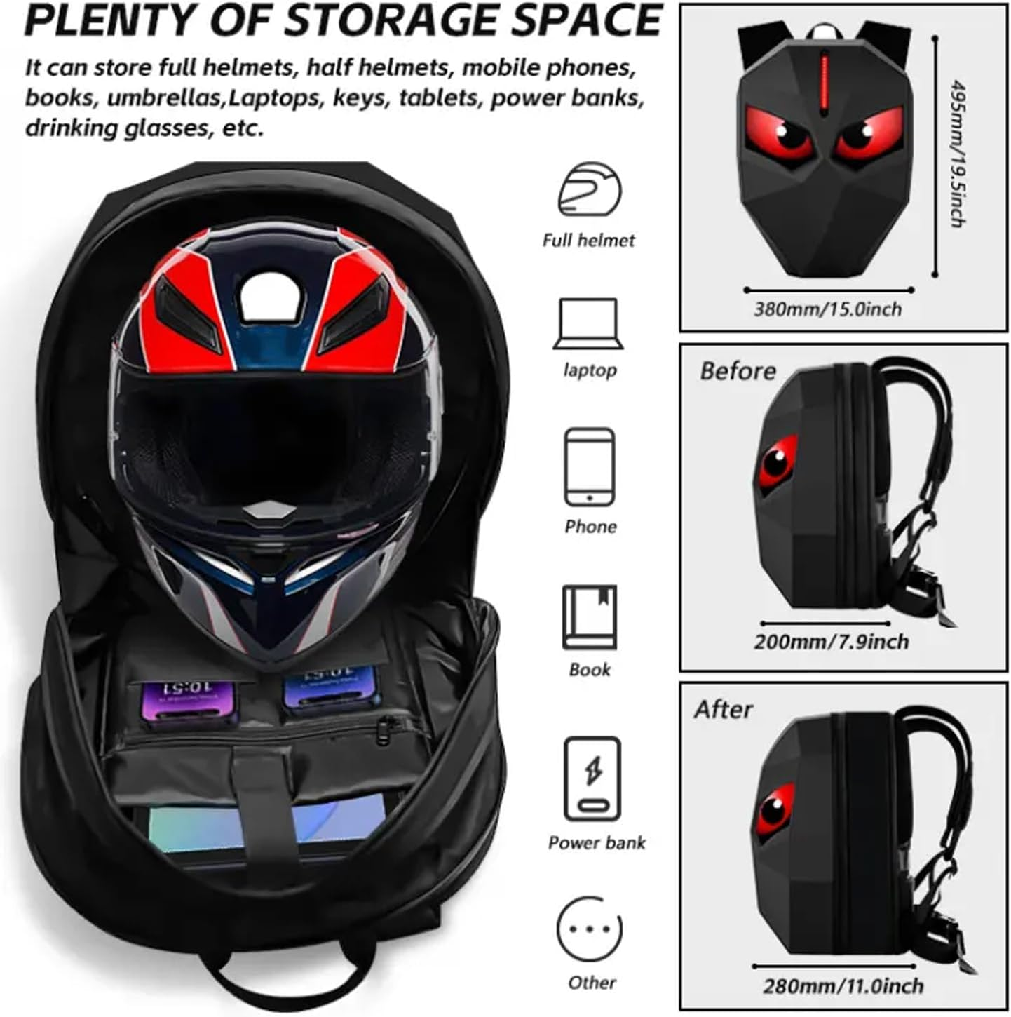 LED Motorcycle Backpack, Waterproof Hard Shell LED Backpack with Programmable Full Color Screen, Large Capacity Laptop Backpack, Knight Backpack for Travelling, Camping, Cycling image number 1