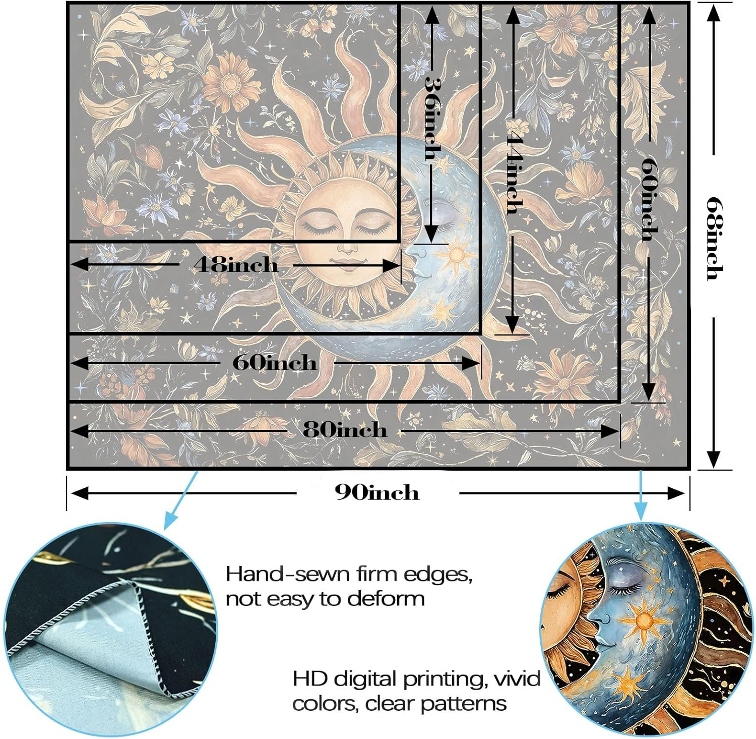 Aipon Sun and Moon Tapestry for Bedroom Boho Vintage Floral Hippie Wall Tapestry Aesthetic Retro Flower Plant Small Tapestries Wall Hanging for Living Room Dorm Decor 60 X 44 Inch image number 5