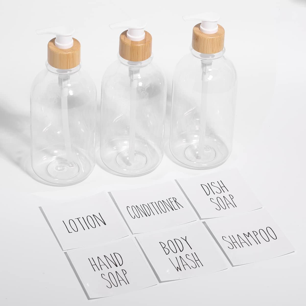 Shampoo and Conditioner Dispenser-Set of 3-16 Oz Reusable Pump Bottle Dispenser for Bathroom with 6 Waterproof Stickers - Empty Plastic Refillable Containers for Shower (Clear) image number 3