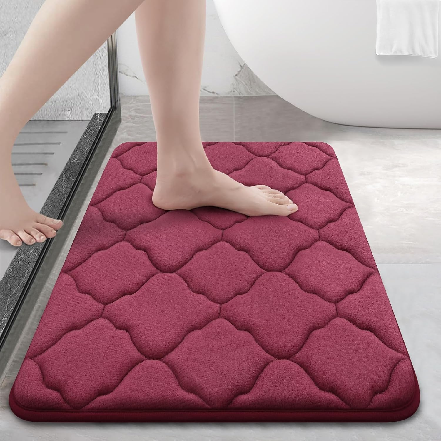 OLANLY Memory Foam Bath Mat Rug, Ultra Soft Non Slip and Absorbent Bathroom Rug, Machine Wash Dry, Comfortable, Thick Bath Rug Carpet for Bathroom Floor, Tub and Shower, 17X24, Burgundy image number 3