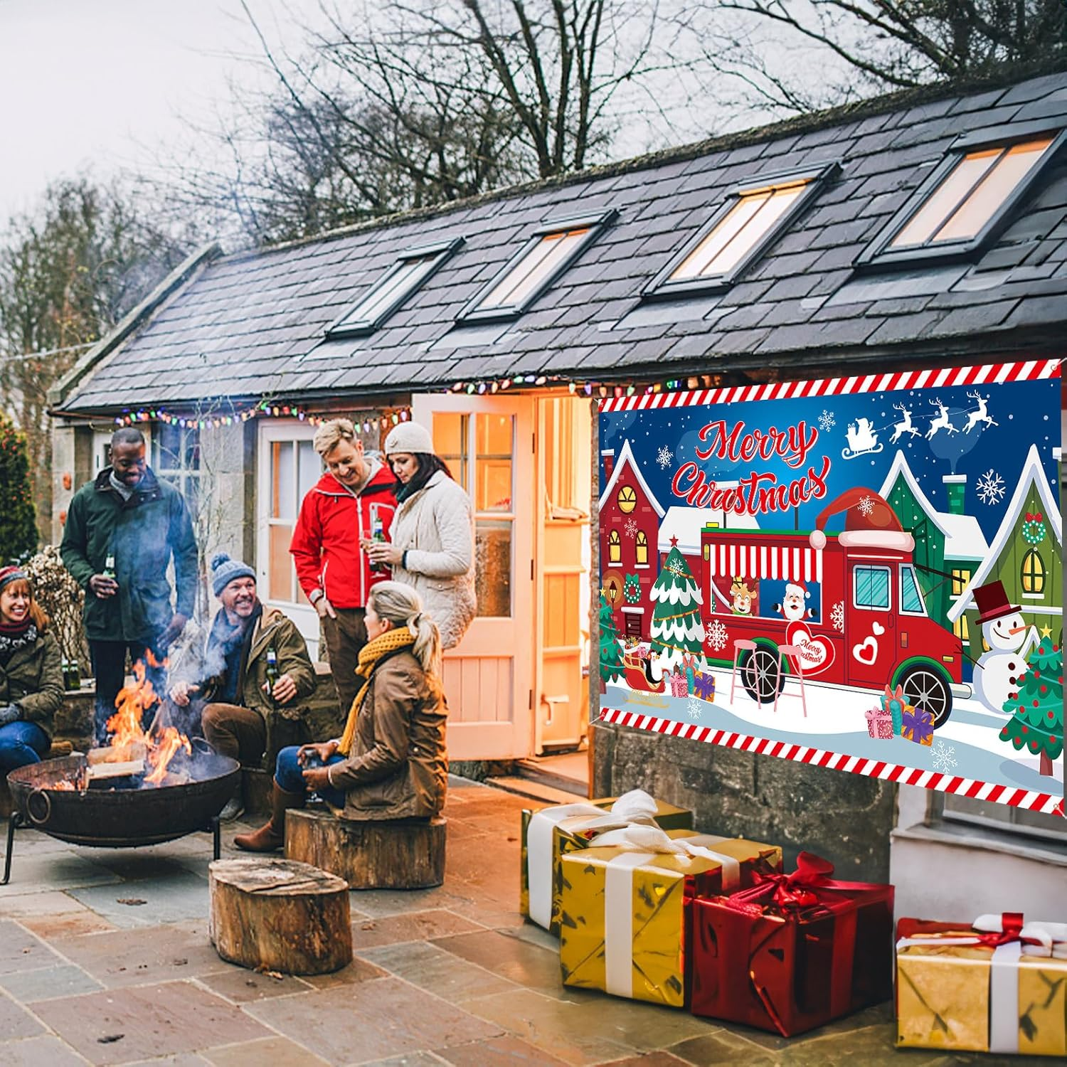 Xtralarge Christmas Banner, Merry Christmas Banner Outdoor with Santa Claus Reindeer Backdrop, Christmas Decorations Hanging Yard Banner Poster Sign for Outdoor Wall New Year Christmas Party Supplies