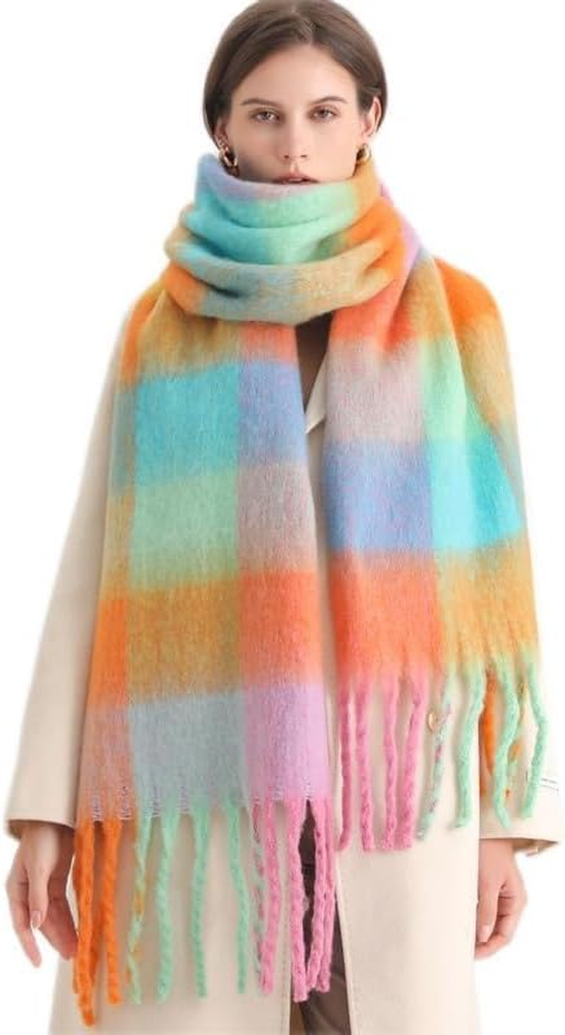 WYNAKESHU Women Scarf Winter Big Colorful Checked Thick Warm Wrap Scarves Casual Tassel Blanket Scarf Stylish Plaid Design