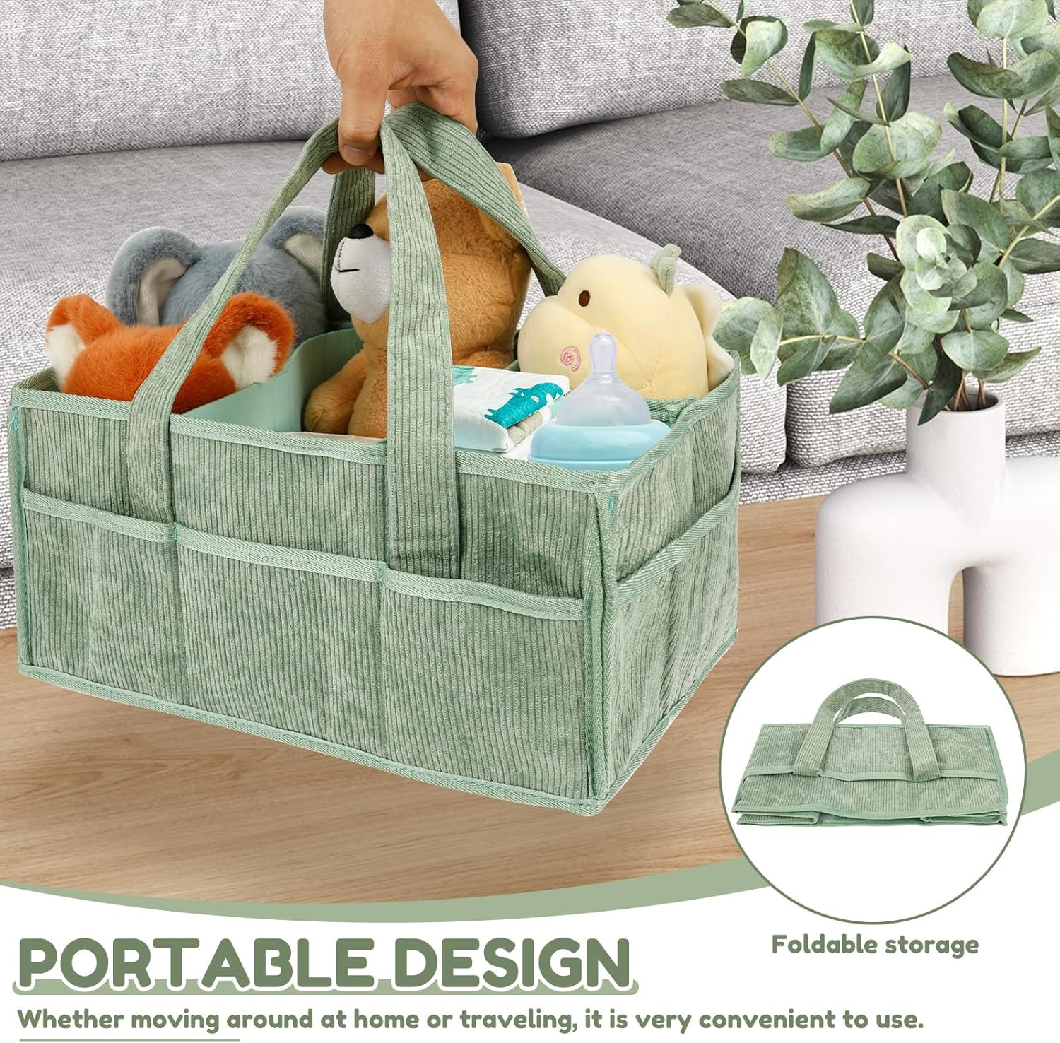 Baby Diaper Caddy Organizer, Nappy Caddy Organiser with Handle Build in Partition Board Wear Resistant Soft Baby Hamper Basket Nursery Basket for Bathroom Car Travel image number 5