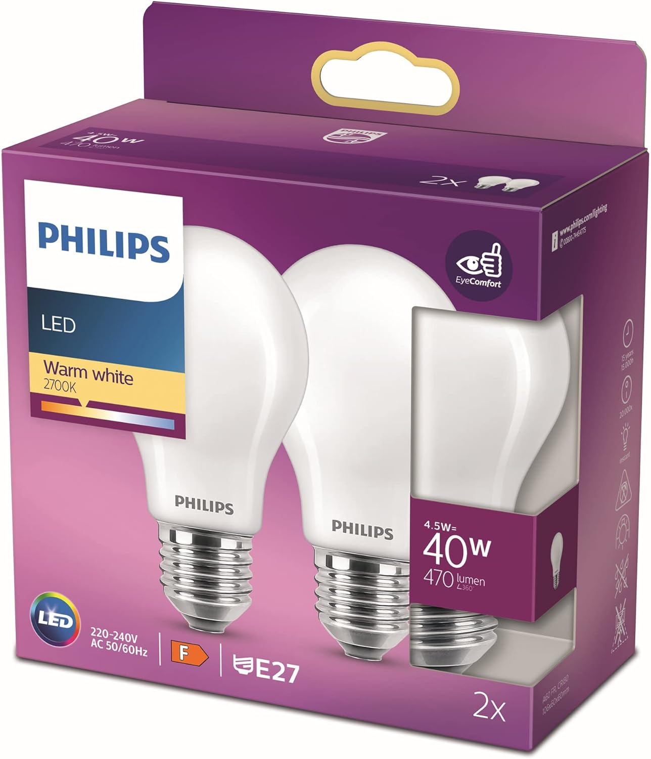 Philips LED Premium Frosted A60 Light Bulb [E27 Edison Screw] 4.5W - 40W Equivalent, Warm White (2700K), Non Dimmable image number 5