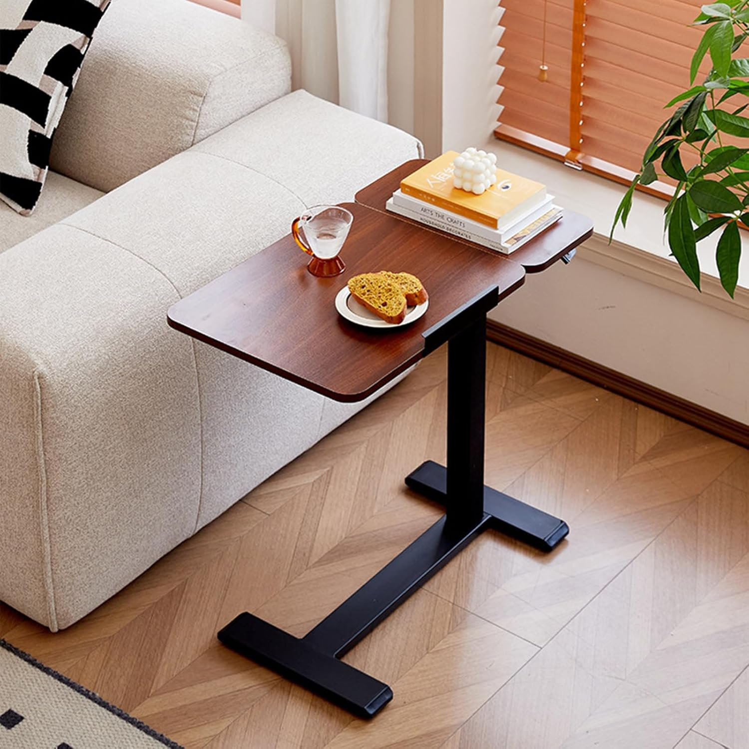 Medical Tiltable Overbed Table, Pneumatic Height Adjustable, Laptop Desk with Wheels, Mobile Standing Desk, Rolling Computer Cart, Suitable for Hospital and Home Use (Walnut Coloured) - White image number 5