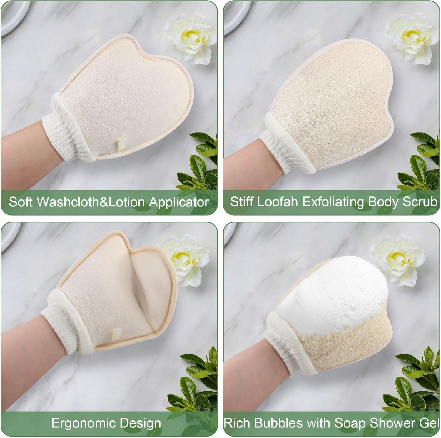 Natural Loofah Exfoliating Body Scrubber, Bath Loofa Scrub Exfoliator Mitten Glove Shower Luffa Sponge Pad for Men Women Elderly (1 Pcs, Double-Sided) image number 5