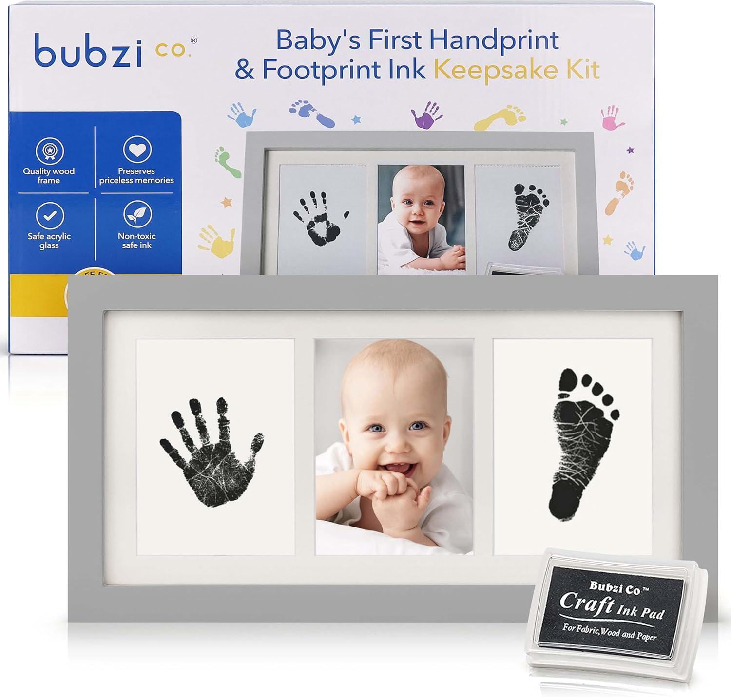 Bubzi Co Baby Handprint Kit & Footprint Photo Frame for Newborn Girls and Boys, Unique Baby Shower Gifts Set for Registry, Memorable Keepsake Decorations for Room Wall or Nursery Decor (White)