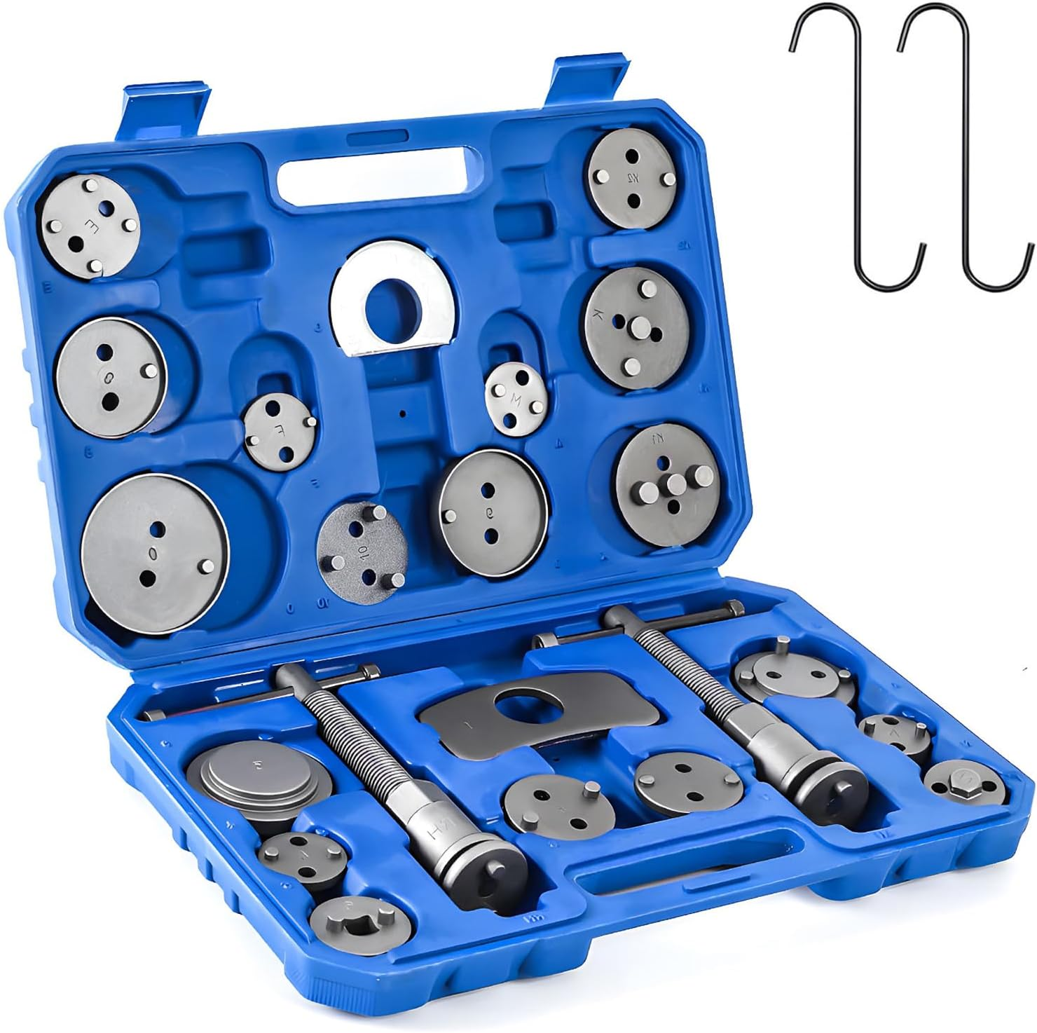 24Pcs Disc Brake Caliper Tool Set with Hooks Brake Tool Kit, Disc Brake Caliper Compression Tool, Caliper Piston Compressor Tool Includes 18 Adapters, Left/Right Thrust Bolts, Plates, Pad Replacement image number 6