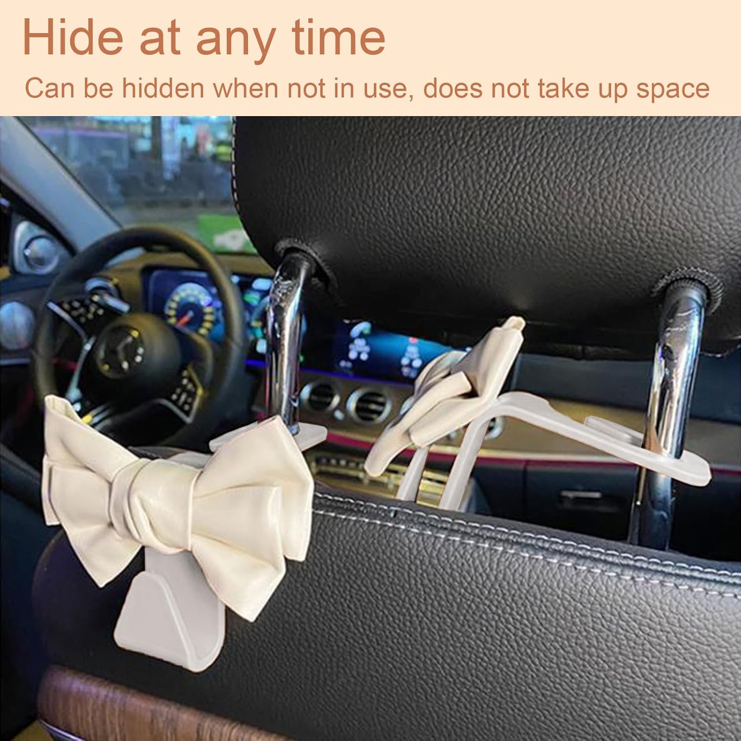 2 Pcs Car Back Seat Headrest Hooks, Elegant Stylish Leather Bow Car Hangers, Universal Rear Car Seat Storage Hook, Auto Interior Accessories for Handbag Purse Coat (Brown) image number 3