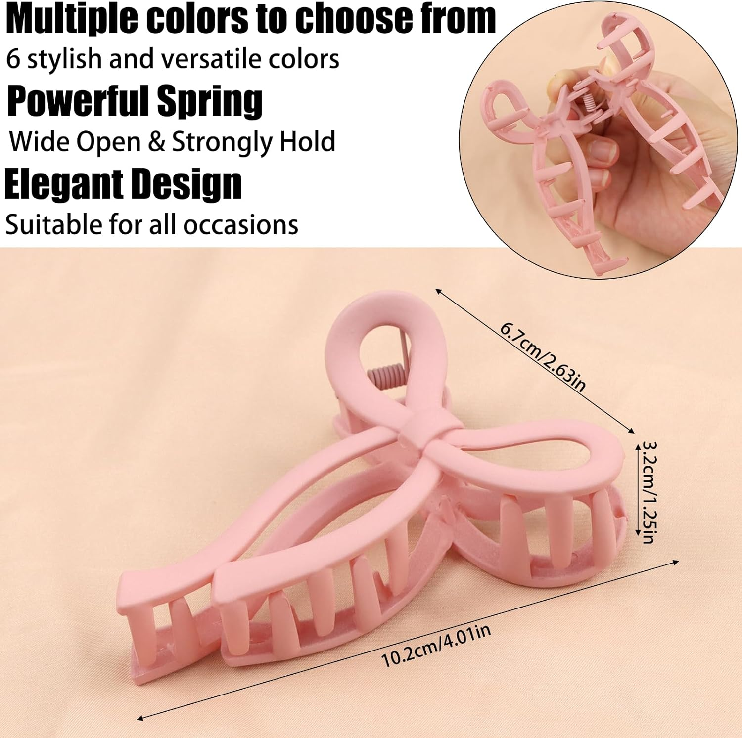 QEEYON Large Hair Claw Clips for Thick and Thin Long Hair 3.94 Inch(10 Cm) Pack of 6 Matte Bow Claw Clips for Women Fashion Hair Styling Accessories Hair Clips image number 2