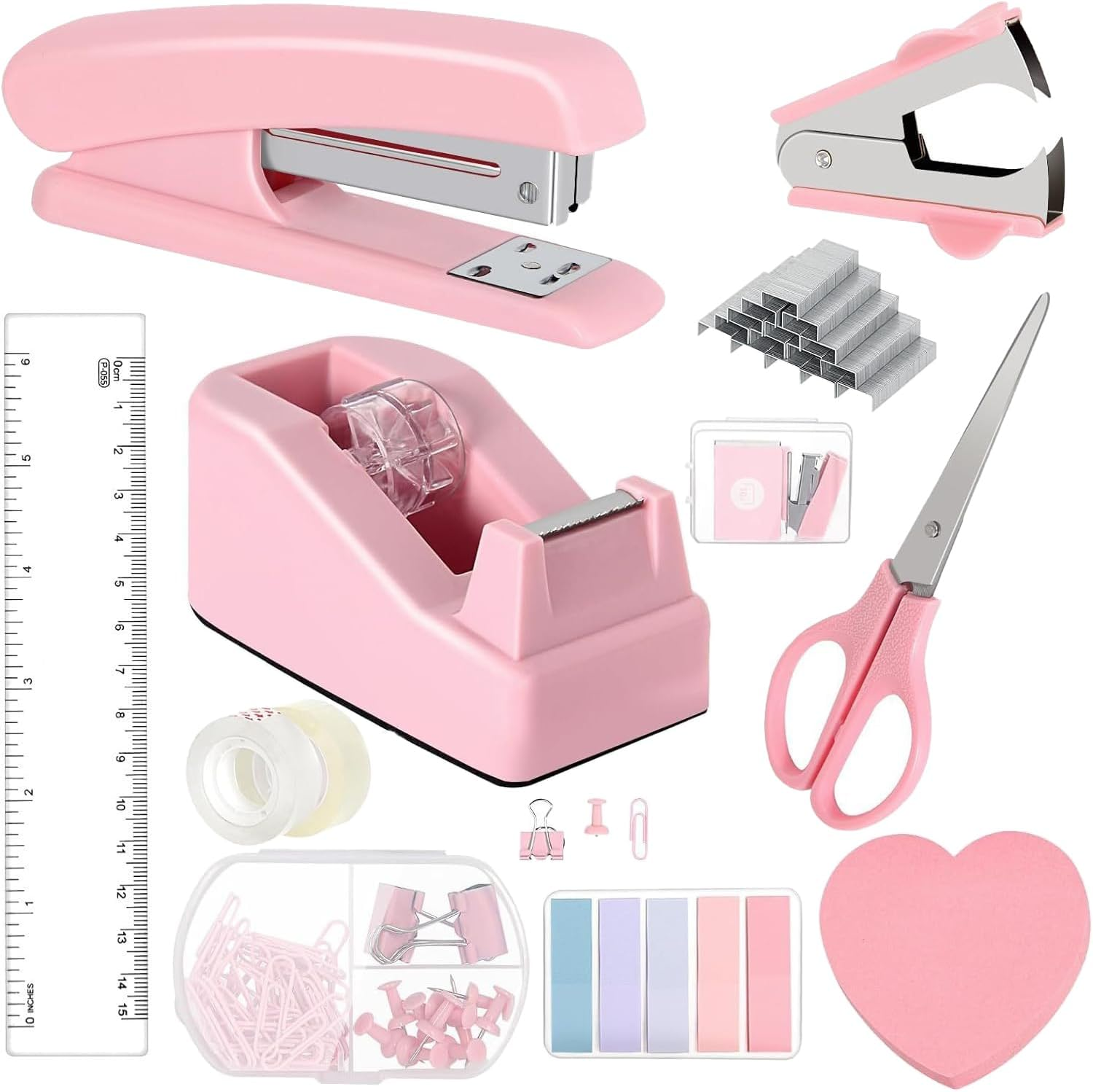 Mini Office Supply Kit, Mini Desktop Office Stationery Includes Stapler, Mini Stapler, Nail Starter, Paper Clips, Dovetail Clips, Tape Cutter, Sticky Notes, Scissors (Pink)