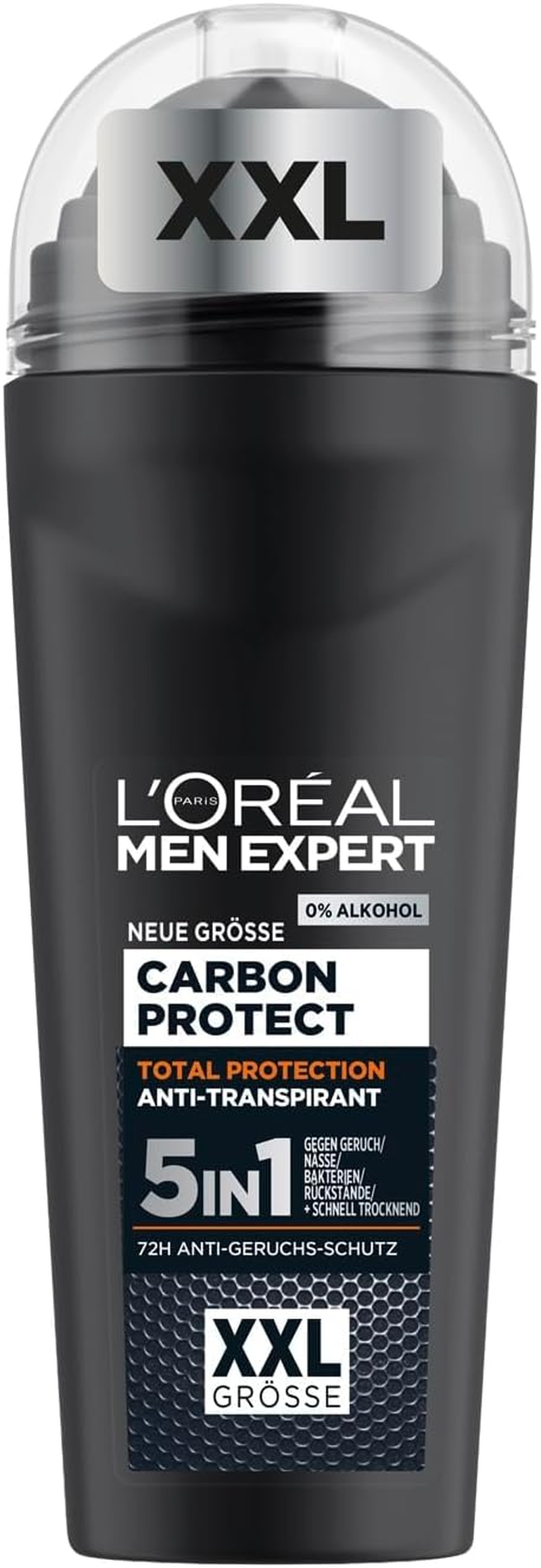 L'Or&eacute;al Men Expert XXL 5-In-1 Roll-On Deodorant for Men, Roll-On Deodorant against Strong Sweat Odour, Sweating, Underarm Wetness and White Residue, Men'S 48H Deodorant without Alcohol, Carbon